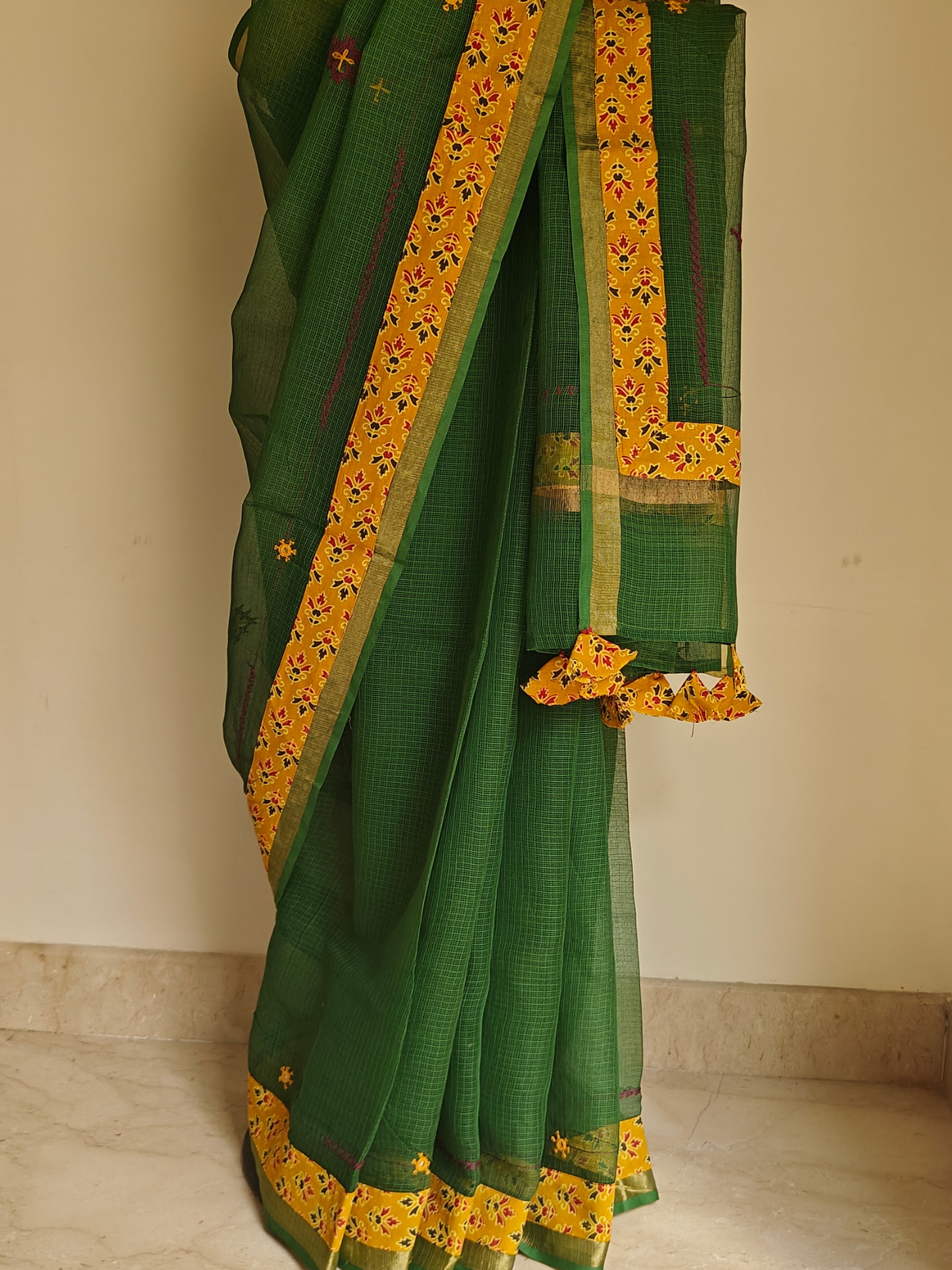 Green Kota Patchwork Hand Embroidered Saree
