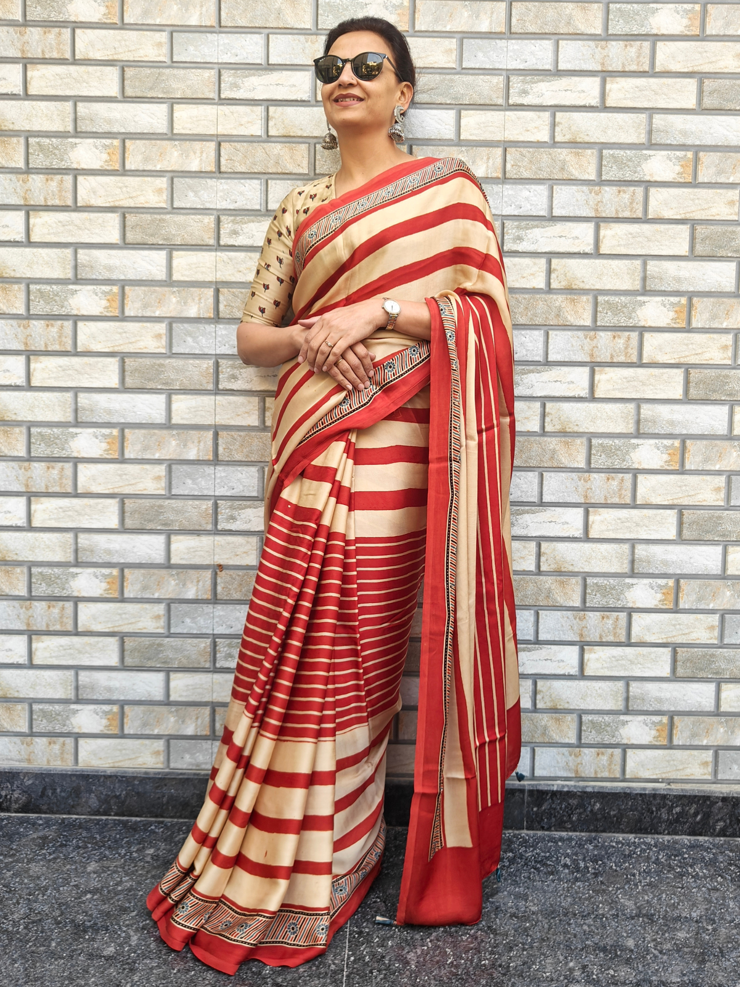 Red Striped Modal Silk Ajrakh Block Print Saree
