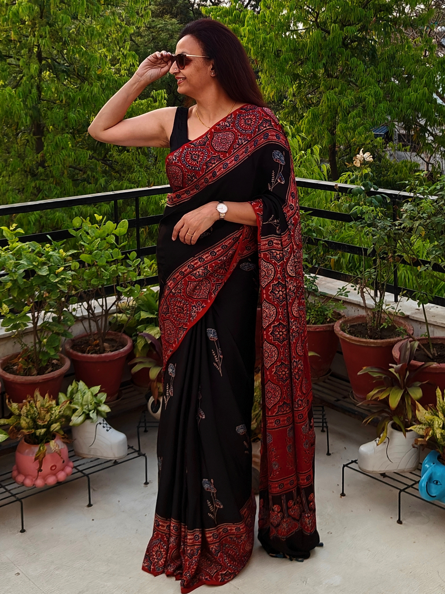 Black & Red Modal Silk Ajrakh Block Print Saree
