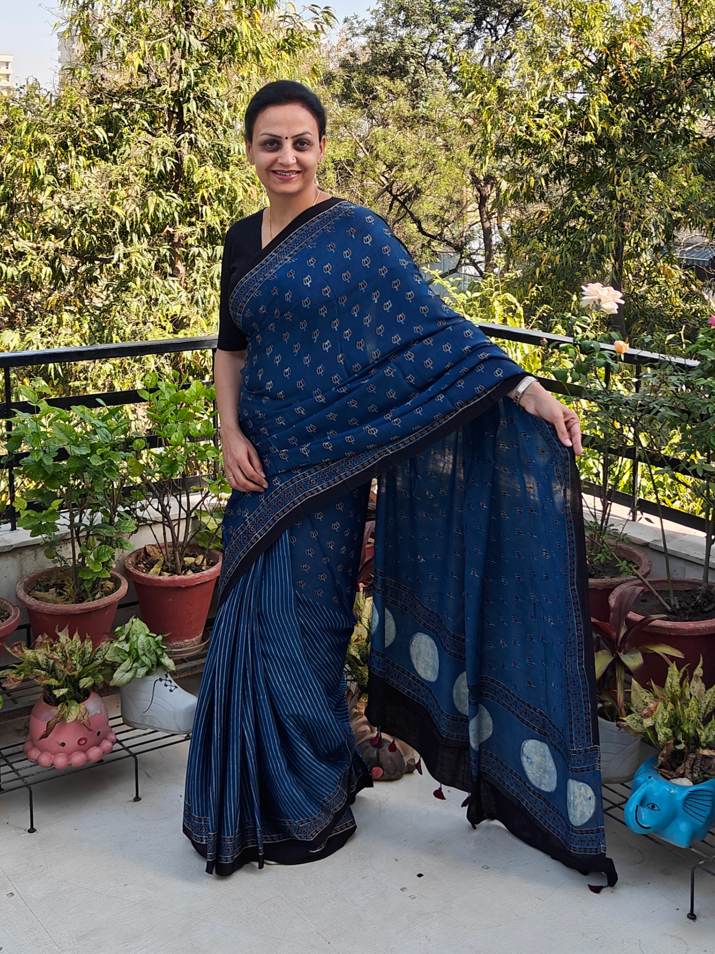 Indigo Half & Half Modal Silk Ajrakh Block Print Saree