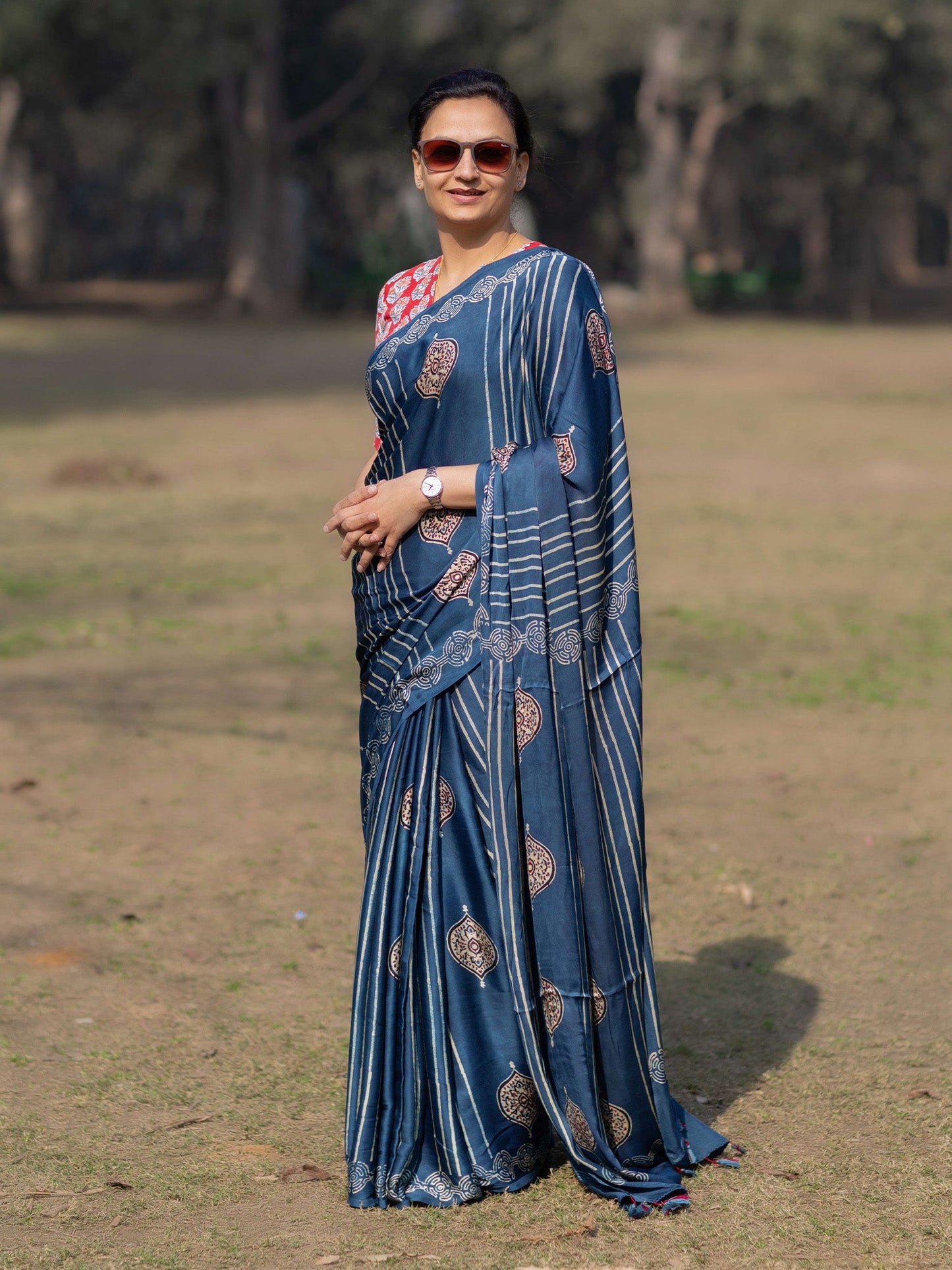 Indigo Modal Silk Ajrakh Block Print Saree