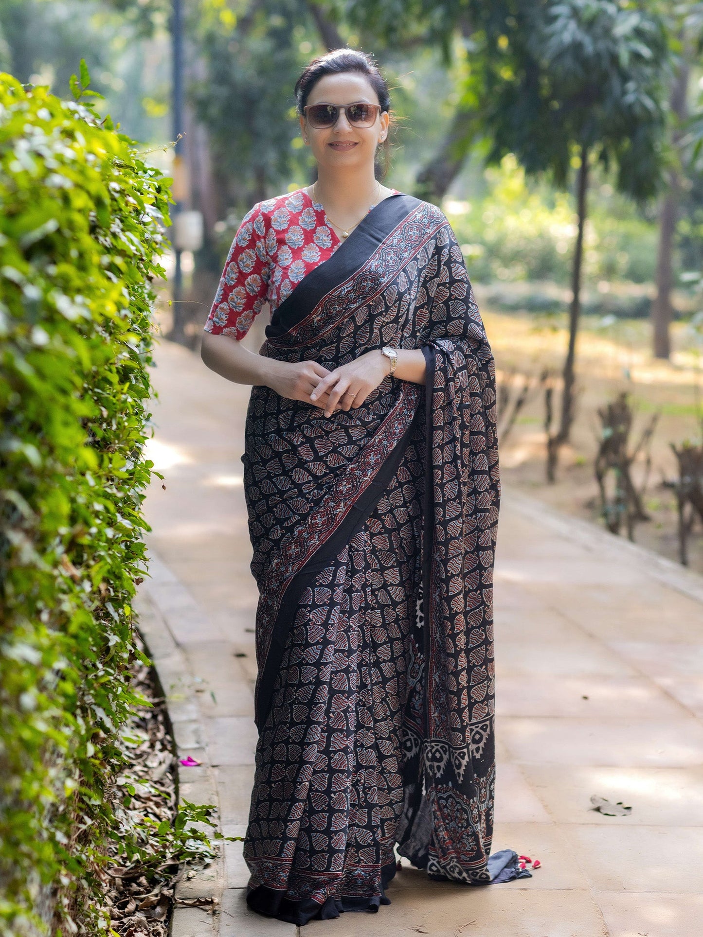 Black Modal Silk Ajrakh Block Print Saree