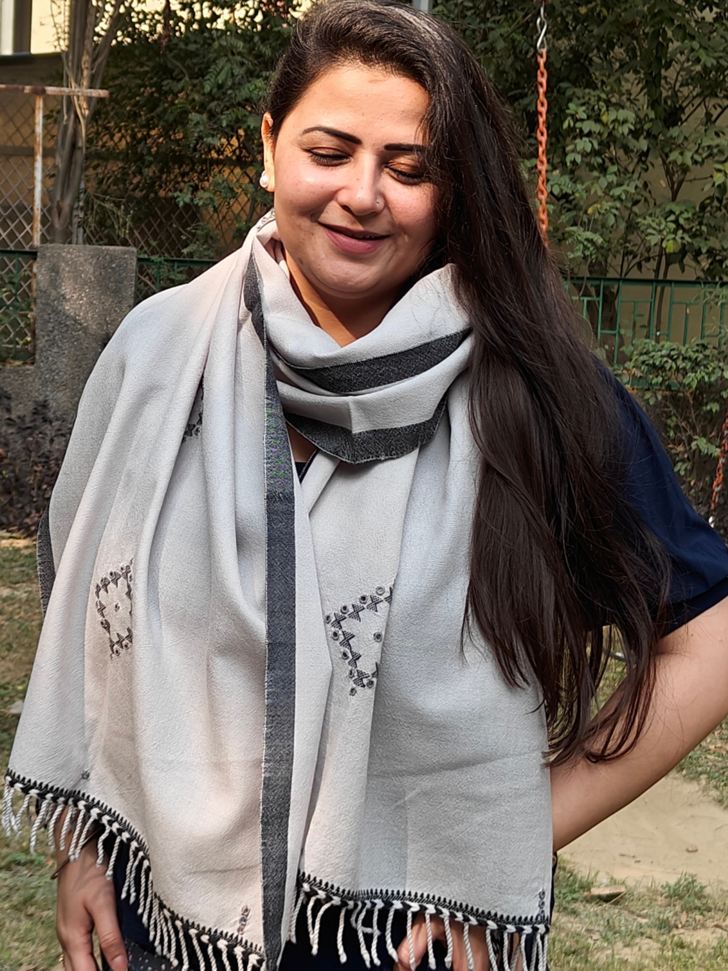 Ash Grey Handwoven Woollen Stole with Handembroidery & Mirror Work
