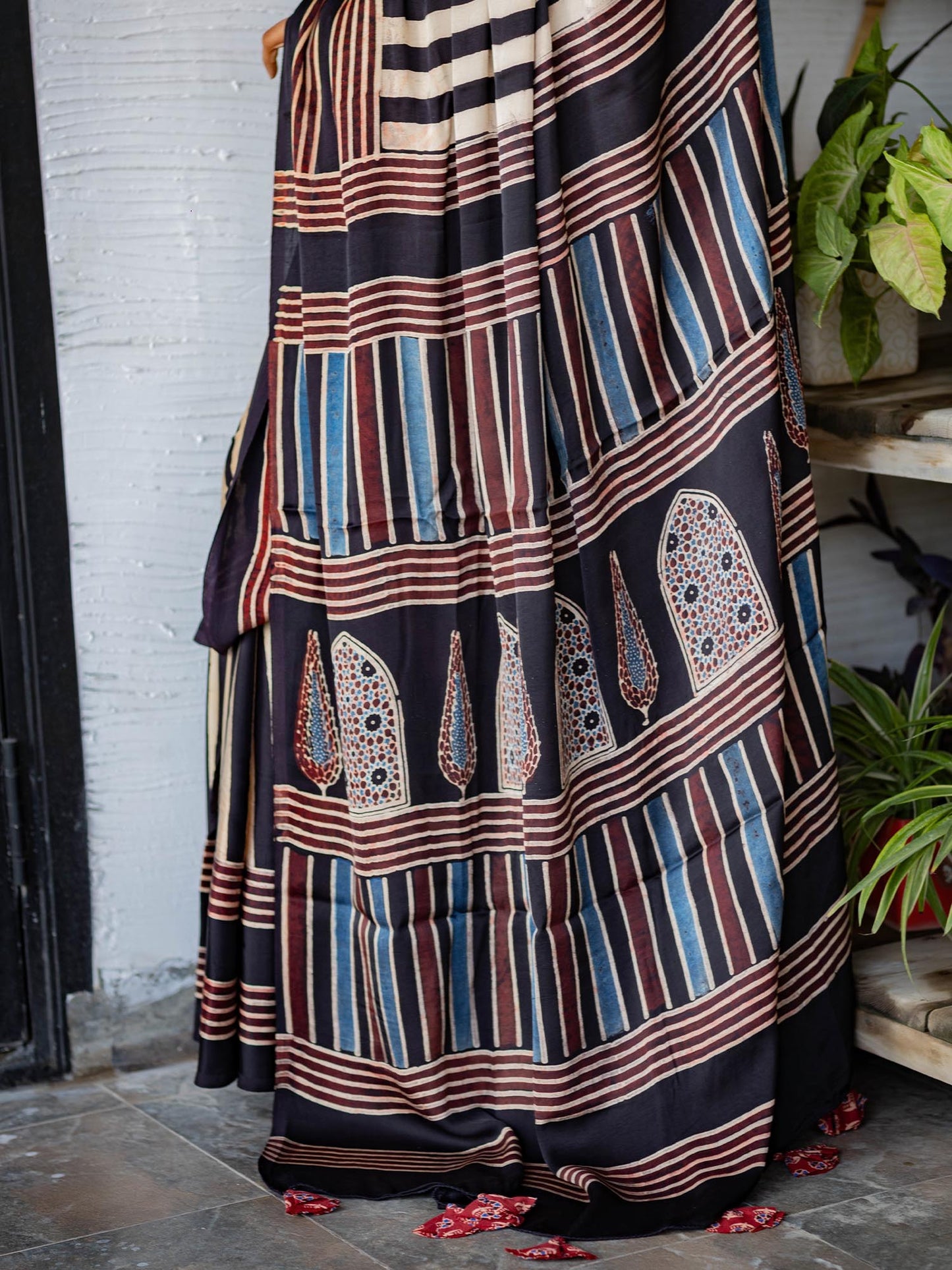 Black Striped Modal Silk Ajrakh Block Print Saree