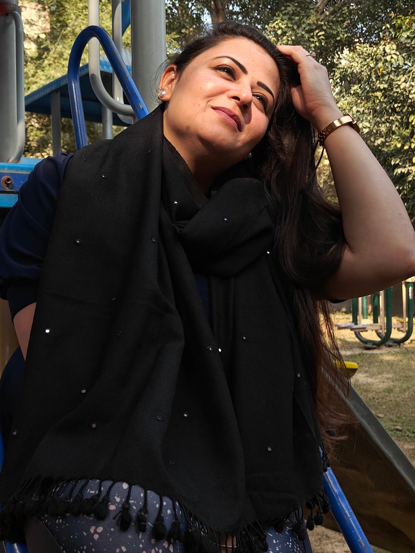 Black Solid Handwoven Wollen Stole with Handembroidered Mirror Work