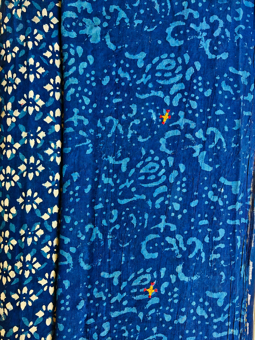Indigo Handblock Printed Hand Embroidered Mull Cotton Saree