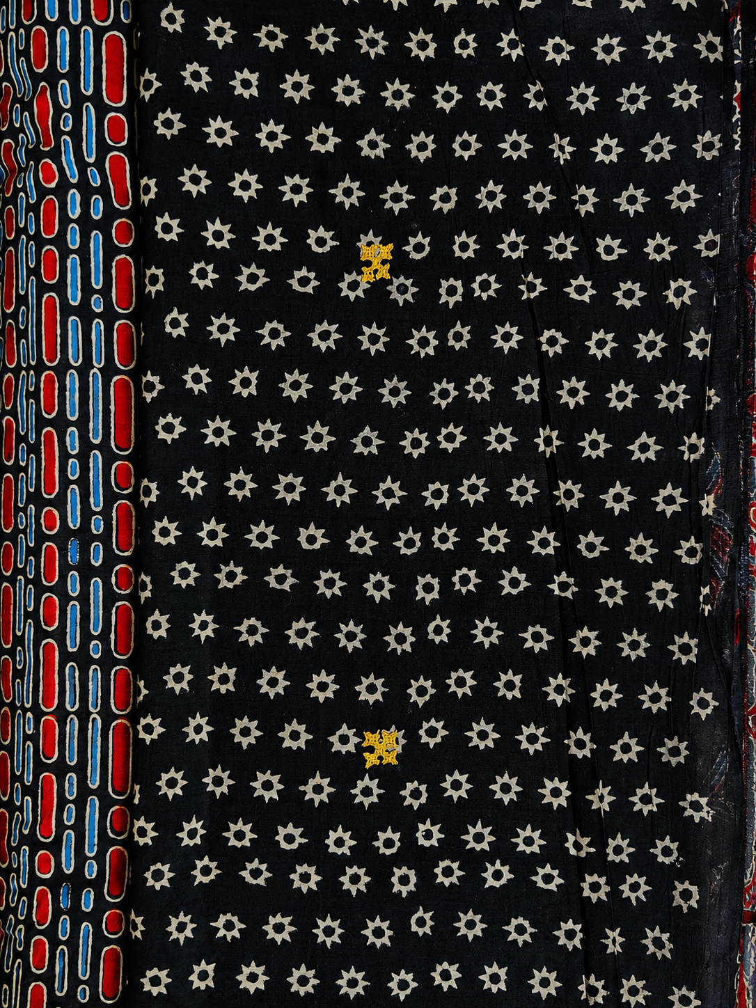 Black Ajrakh Handblock Printed Hand Embroidered Mull Cotton Saree