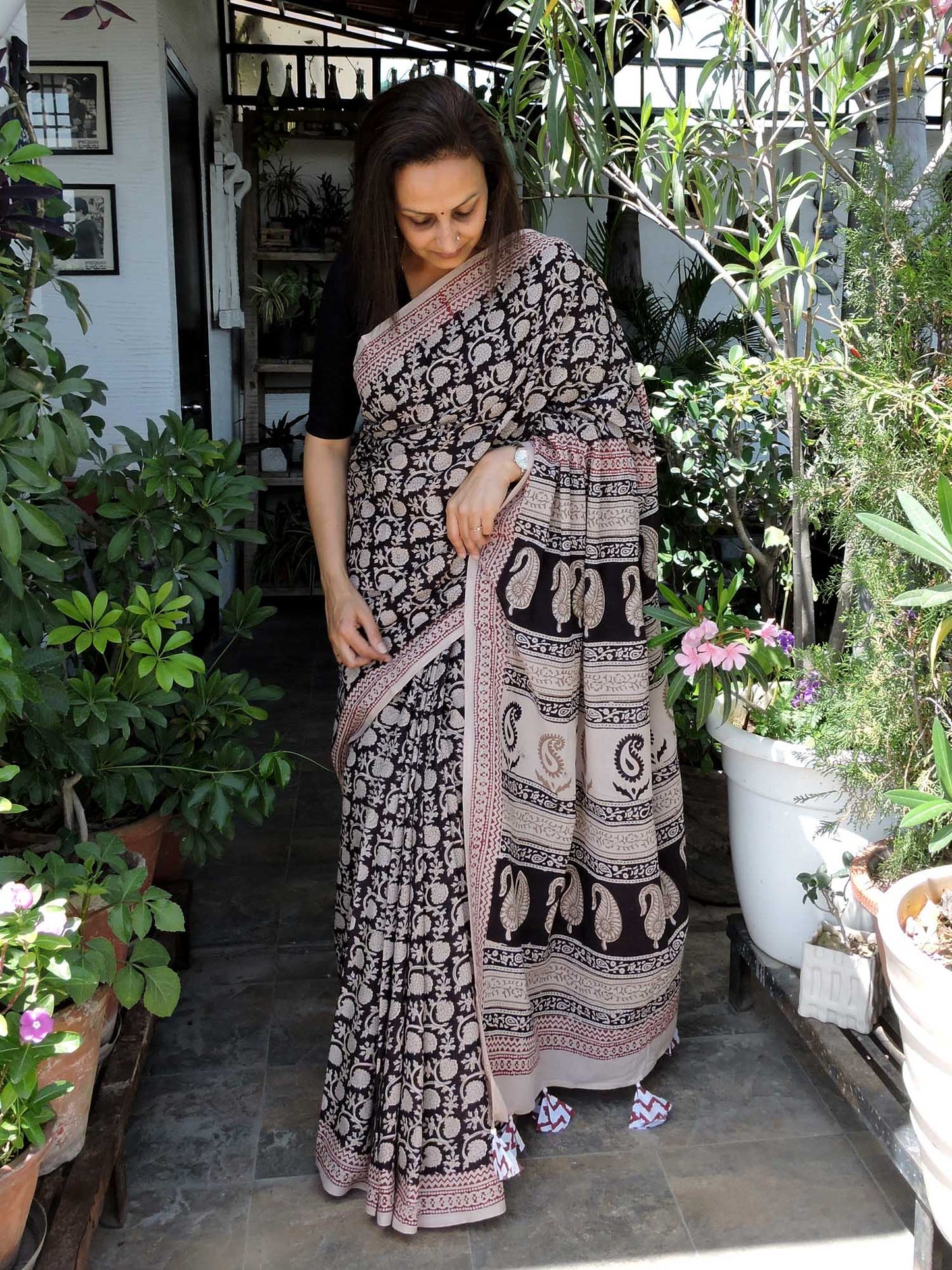 Black Chameli Bagh Print Cotton Saree