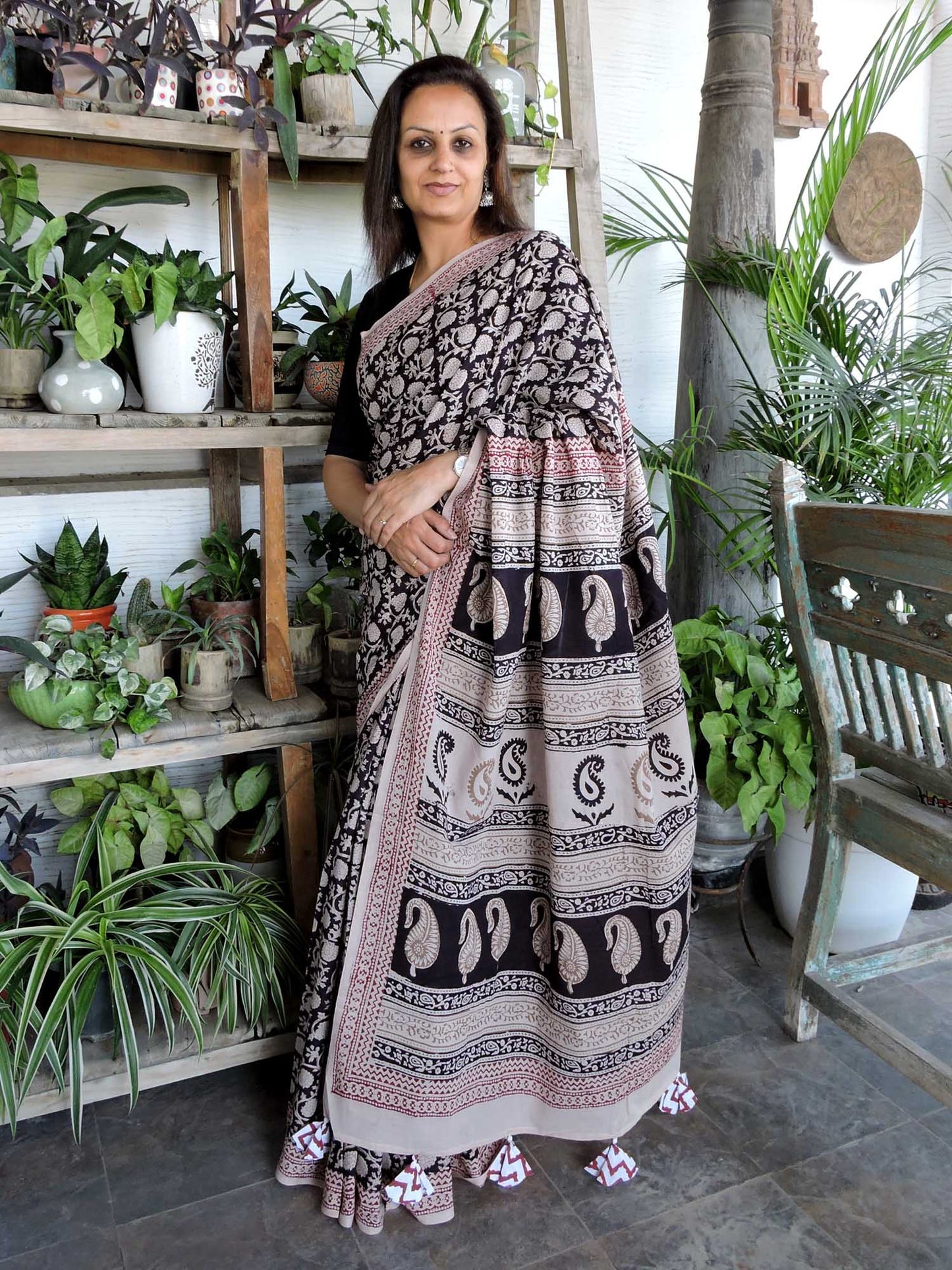 Black Chameli Bagh Print Cotton Saree