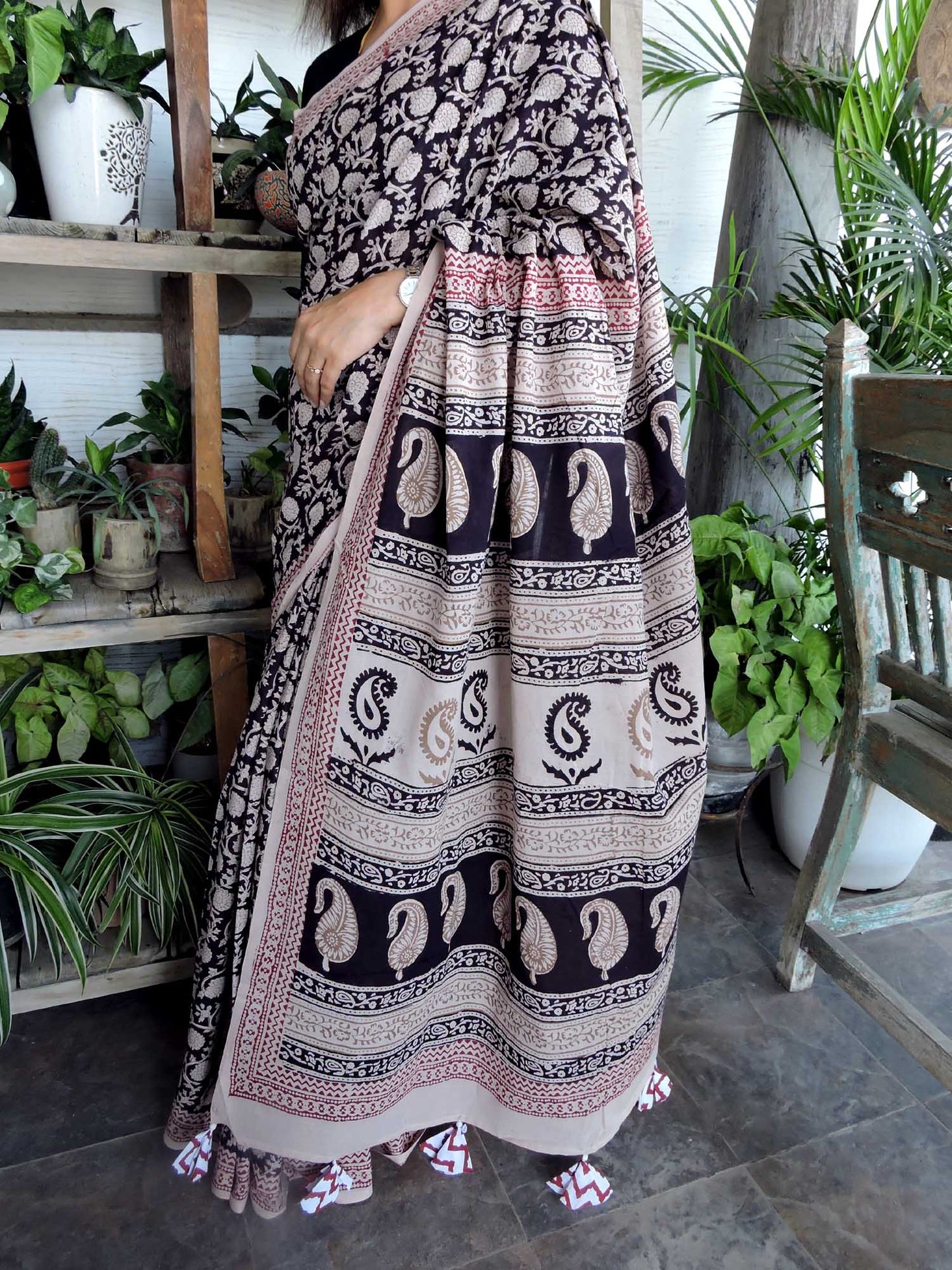 Black Chameli Bagh Print Cotton Saree