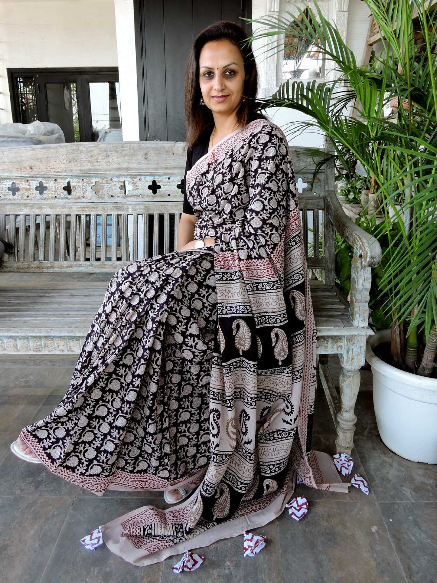Black Chameli Bagh Print Cotton Saree