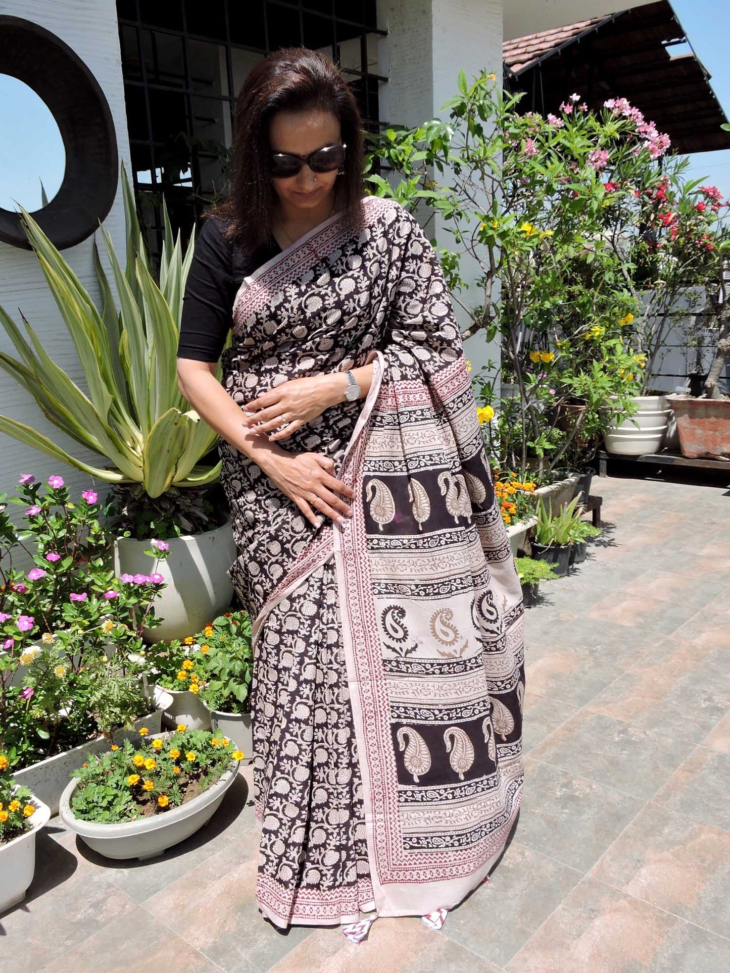 Black Chameli Bagh Print Cotton Saree