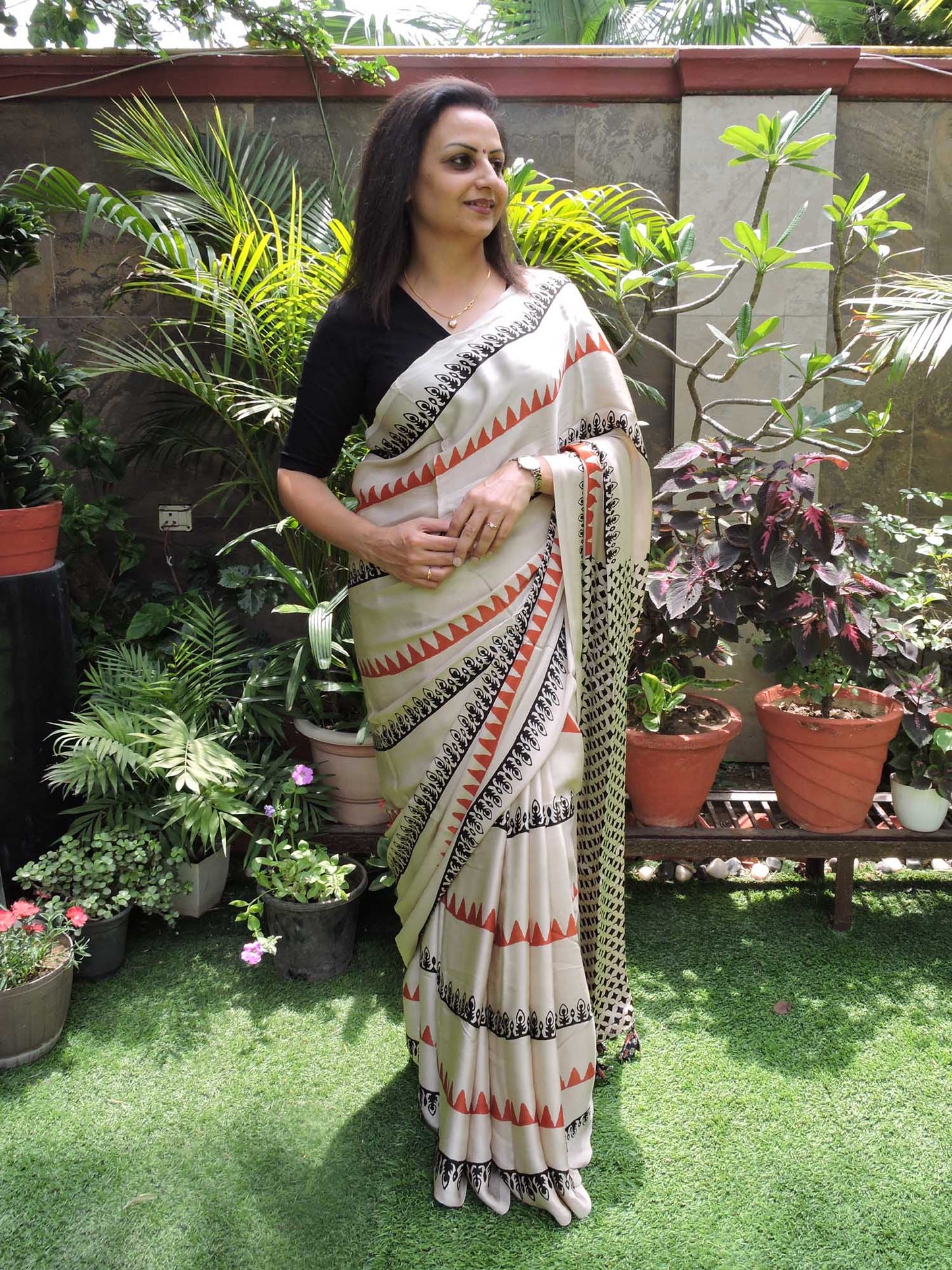 Offwhite with Red & Black Stripes Modal Silk Ajrakh Block Print Saree