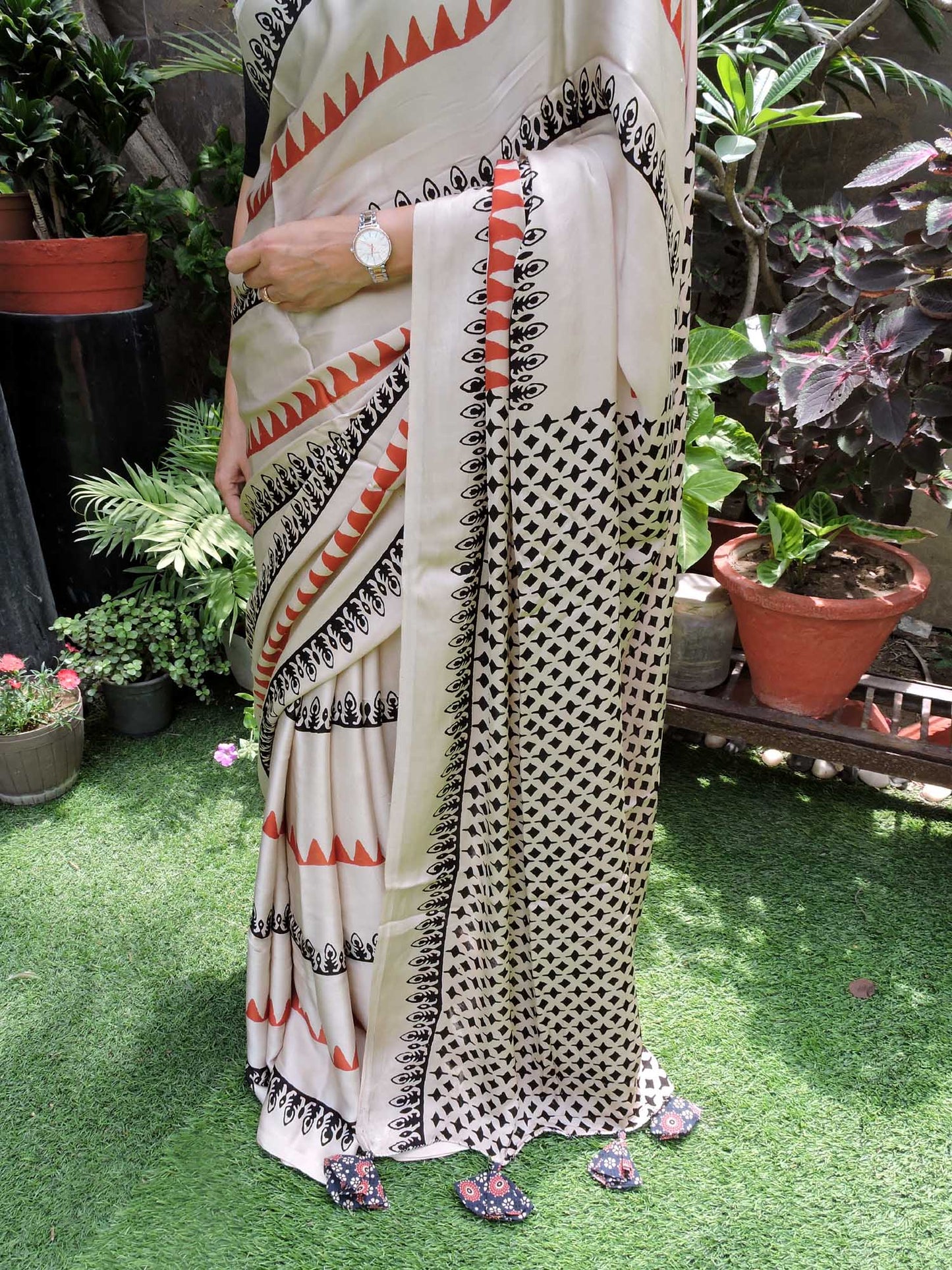 Offwhite with Red & Black Stripes Modal Silk Ajrakh Block Print Saree