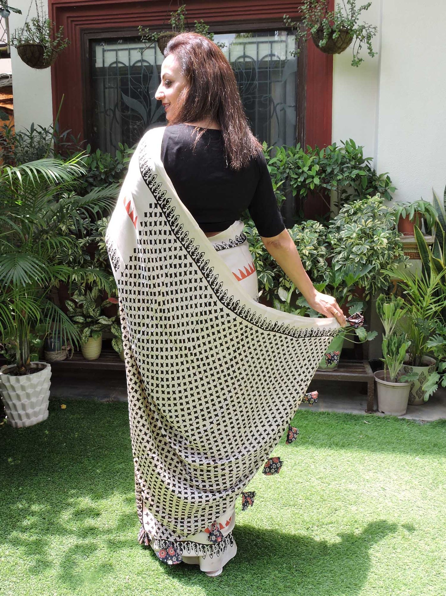 Offwhite with Red & Black Stripes Modal Silk Ajrakh Block Print Saree
