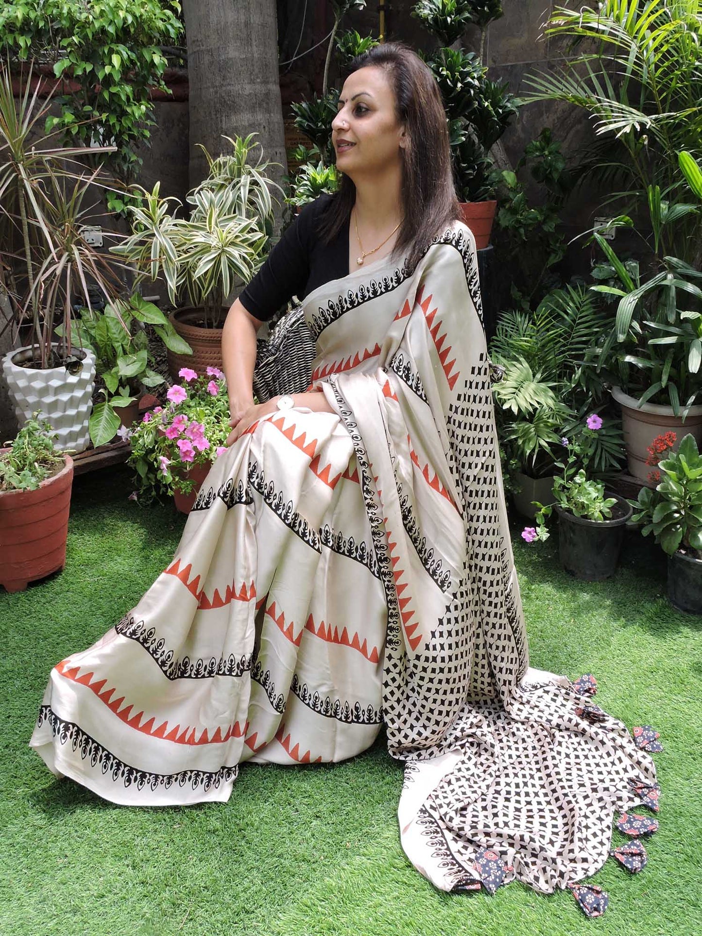Offwhite with Red & Black Stripes Modal Silk Ajrakh Block Print Saree