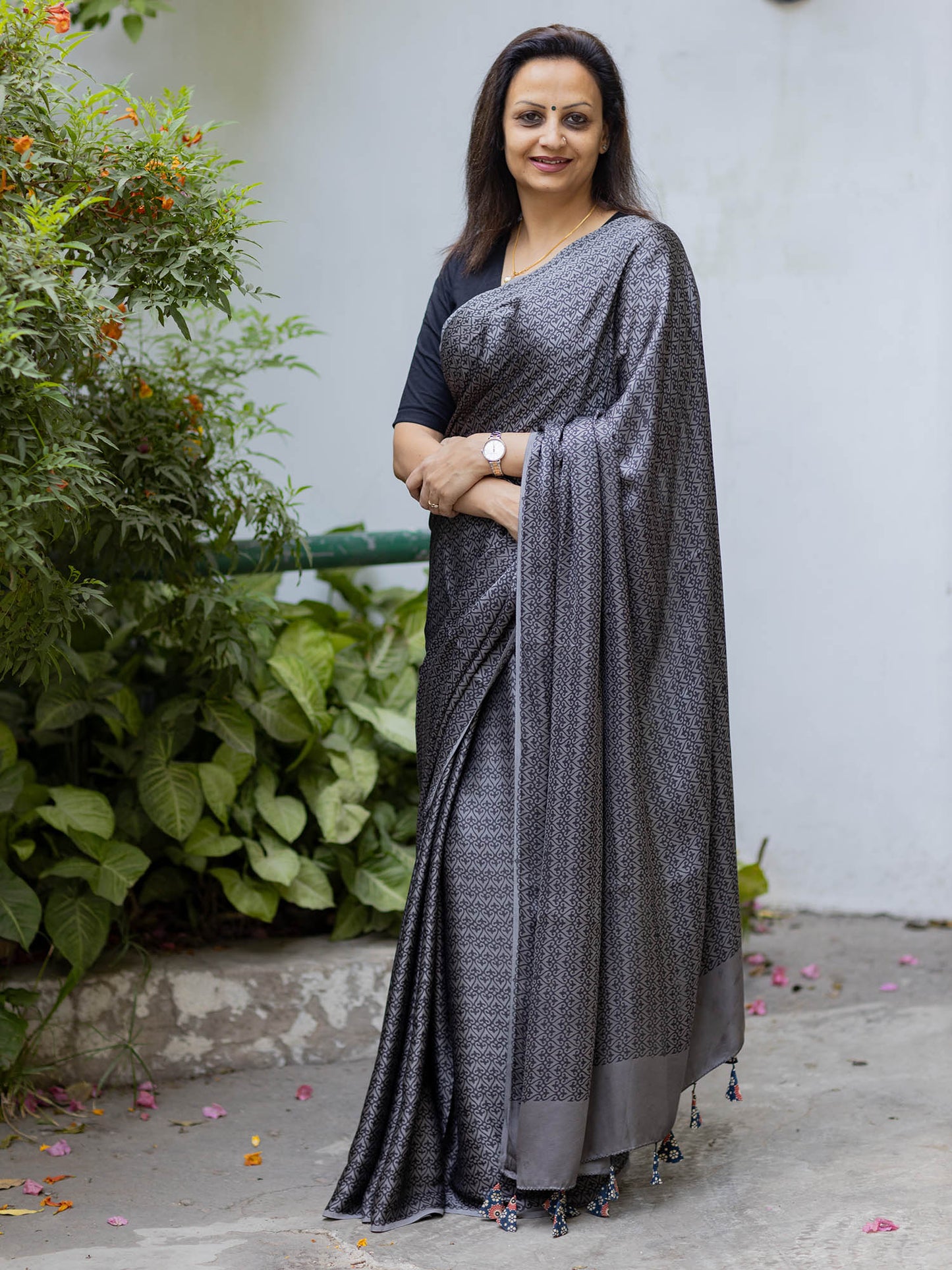 Grey Jaal Modal Silk Ajrakh Block Print Saree