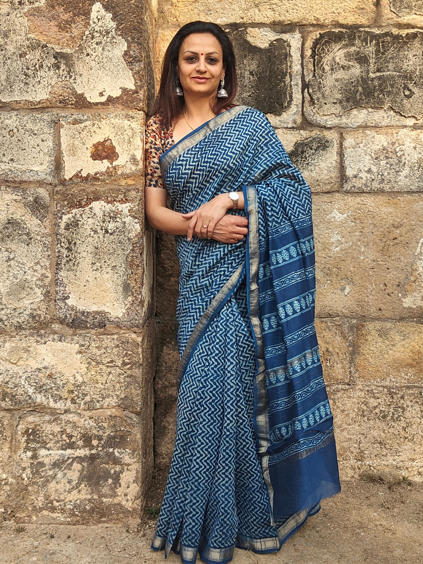 Indigo Dabu Handblock Print Chanderi Saree