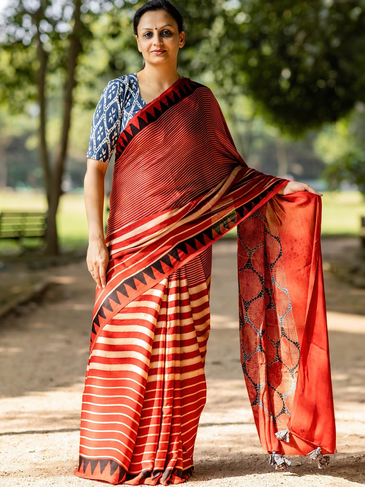 Red & Off-white Striped with Square Palla Modal Silk Ajrakh Block Print Saree