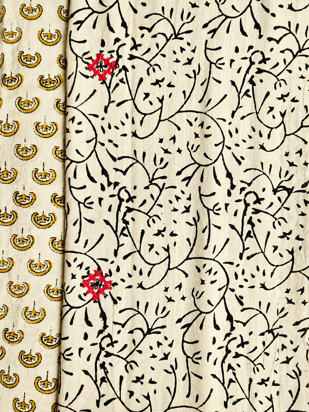 Off White Handblock Printed Hand Embroidered Mull Cotton Saree