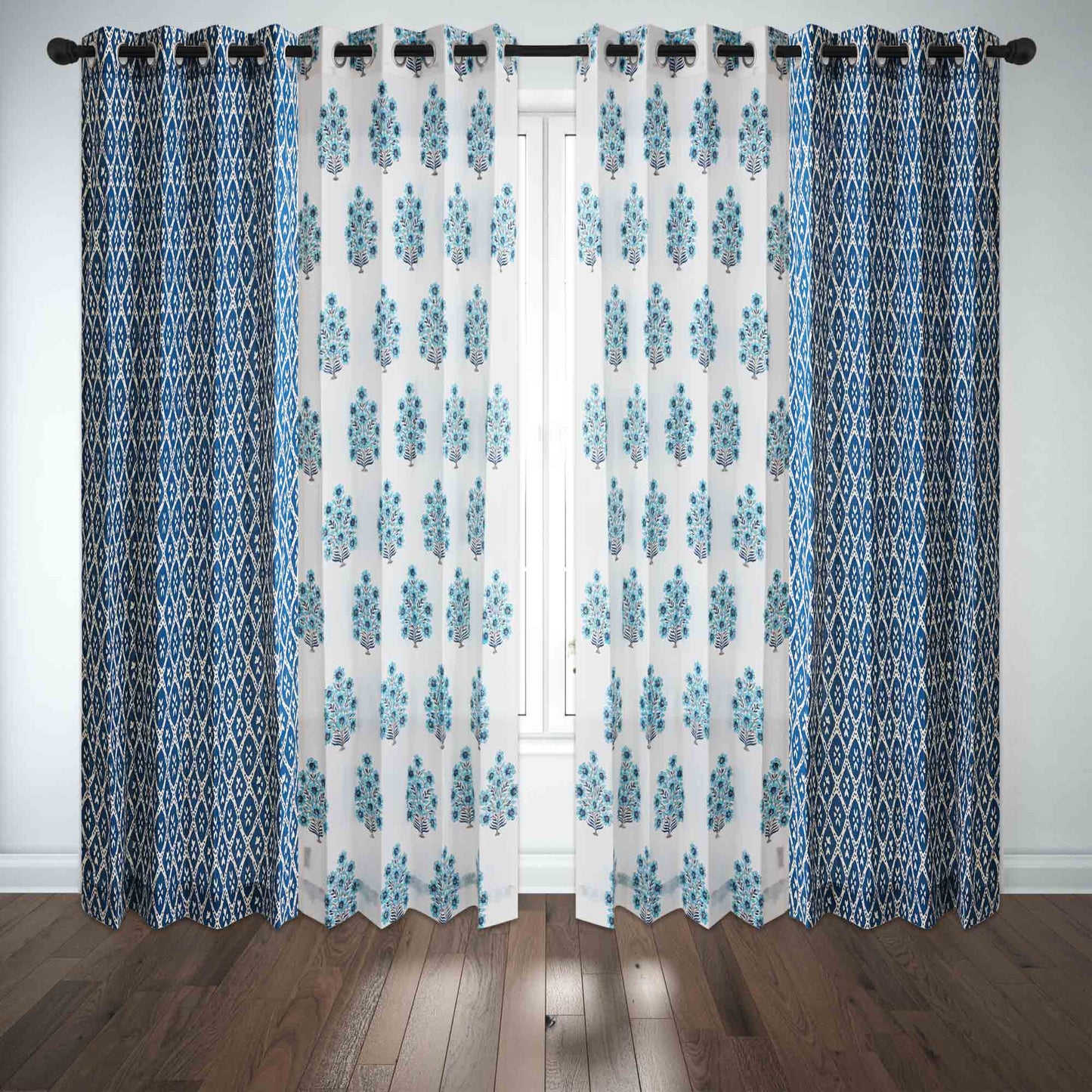 Blue Gulbahar with Geometric Indigo Cotton Handblock Curtain Combo (Set of 4 Curtains)