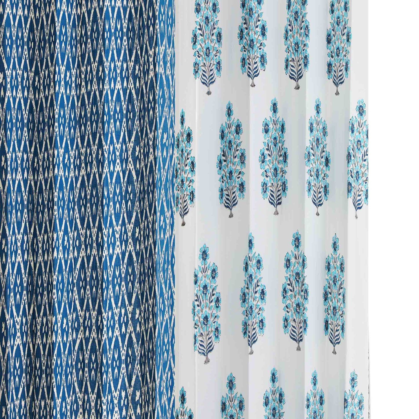 Blue Gulbahar with Geometric Indigo Cotton Handblock Curtain Combo (Set of 4 Curtains)