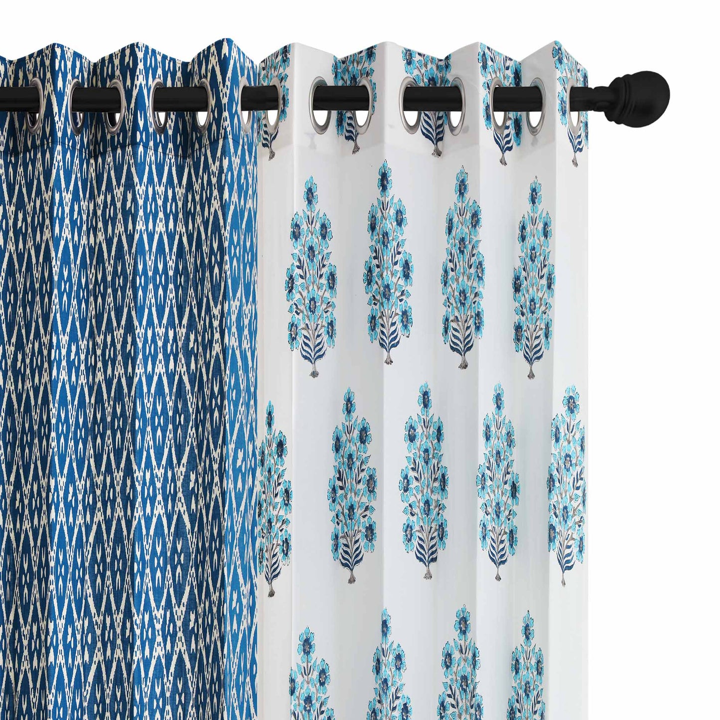 Blue Gulbahar with Geometric Indigo Cotton Handblock Curtain Combo (Set of 4 Curtains)