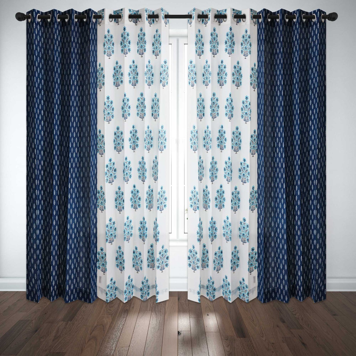 Blue Gulbahar with Indigo White Buta Cotton Handblock Curtain Combo (Set of 4 Curtains