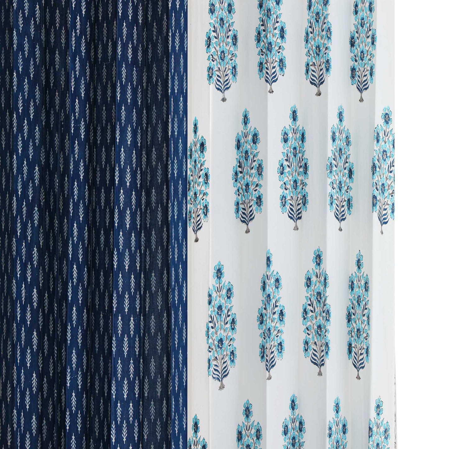 Blue Gulbahar with Indigo White Buta Cotton Handblock Curtain Combo (Set of 4 Curtains