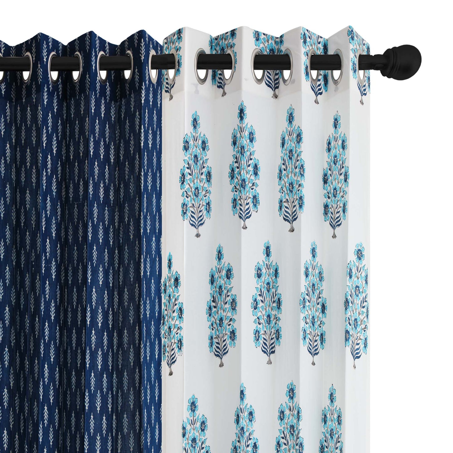 Blue Gulbahar with Indigo White Buta Cotton Handblock Curtain Combo (Set of 4 Curtains