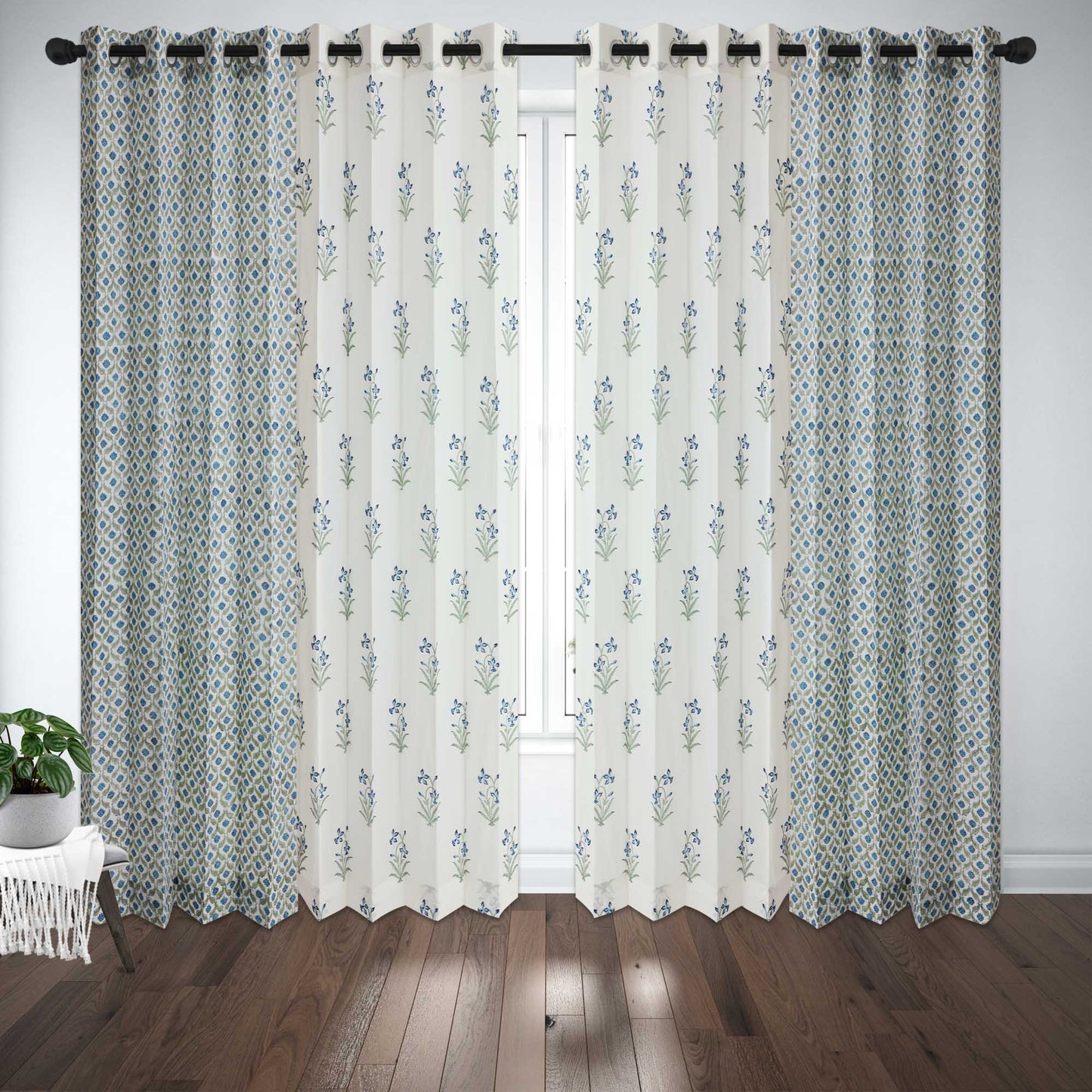 Blue SeaGreen Mughal Jaal with Blue SeaGreen Lillies Cotton Handblock Combo (Set of 4 Curtains)