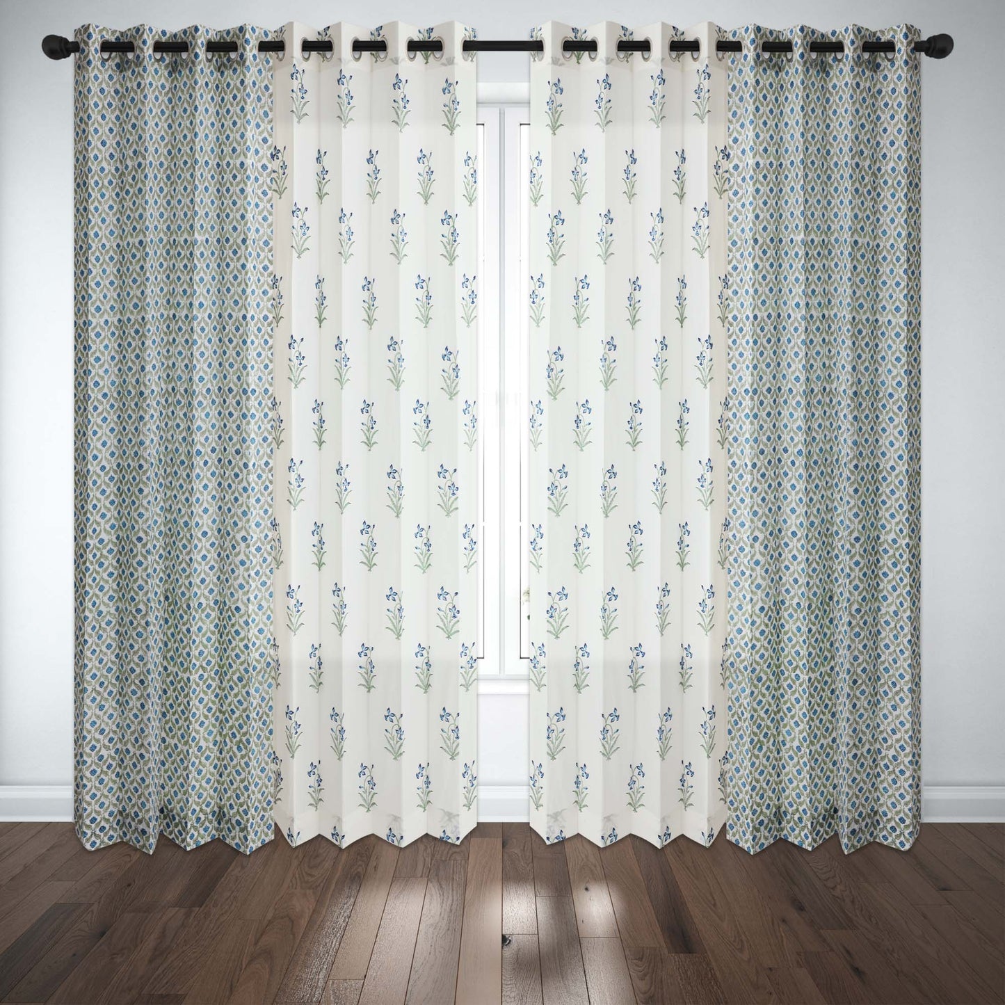 Blue SeaGreen Mughal Jaal with Blue SeaGreen Lillies Cotton Handblock Combo (Set of 4 Curtains)
