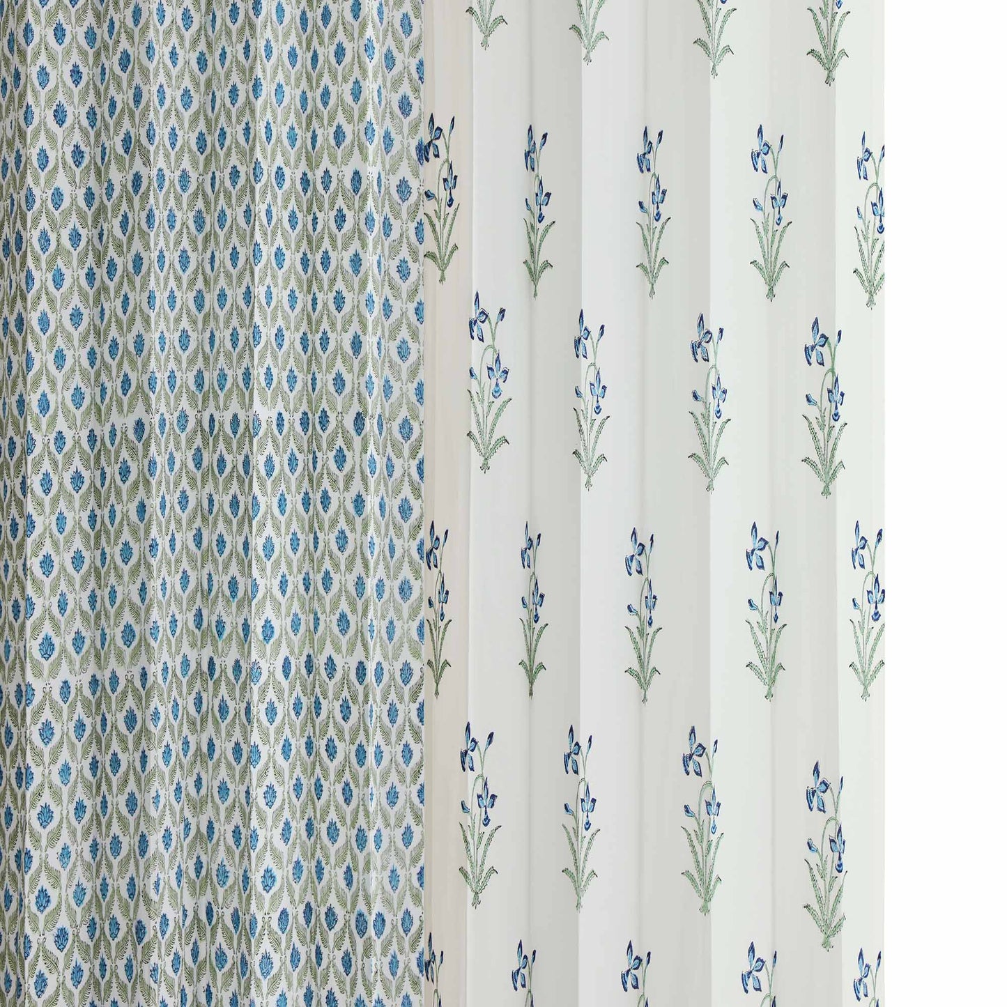 Blue SeaGreen Mughal Jaal with Blue SeaGreen Lillies Cotton Handblock Combo (Set of 4 Curtains)