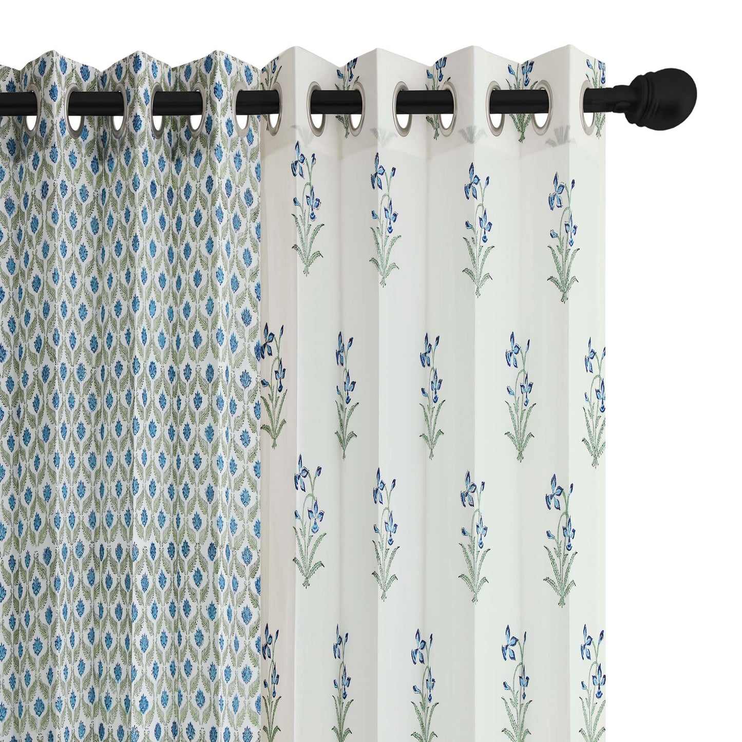 Blue SeaGreen Mughal Jaal with Blue SeaGreen Lillies Cotton Handblock Combo (Set of 4 Curtains)