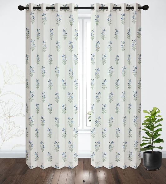 Blue and Green Lillies Cotton Handblock Curtain (Pair of 2 Curtains)