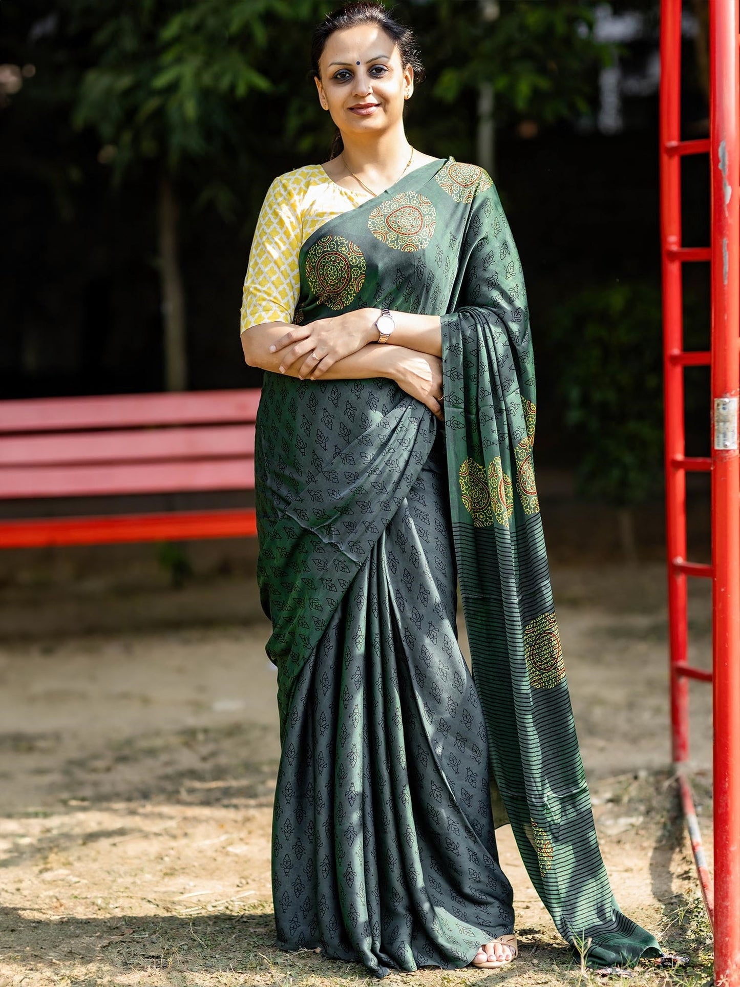Bottle Green & Black Modal Silk Ajrakh Block Print Saree