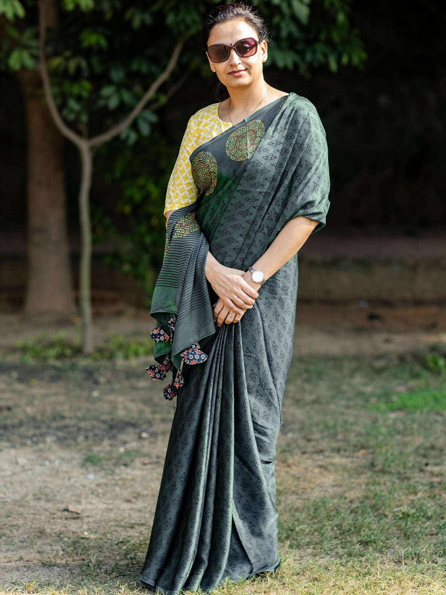 Bottle Green & Black Modal Silk Ajrakh Block Print Saree