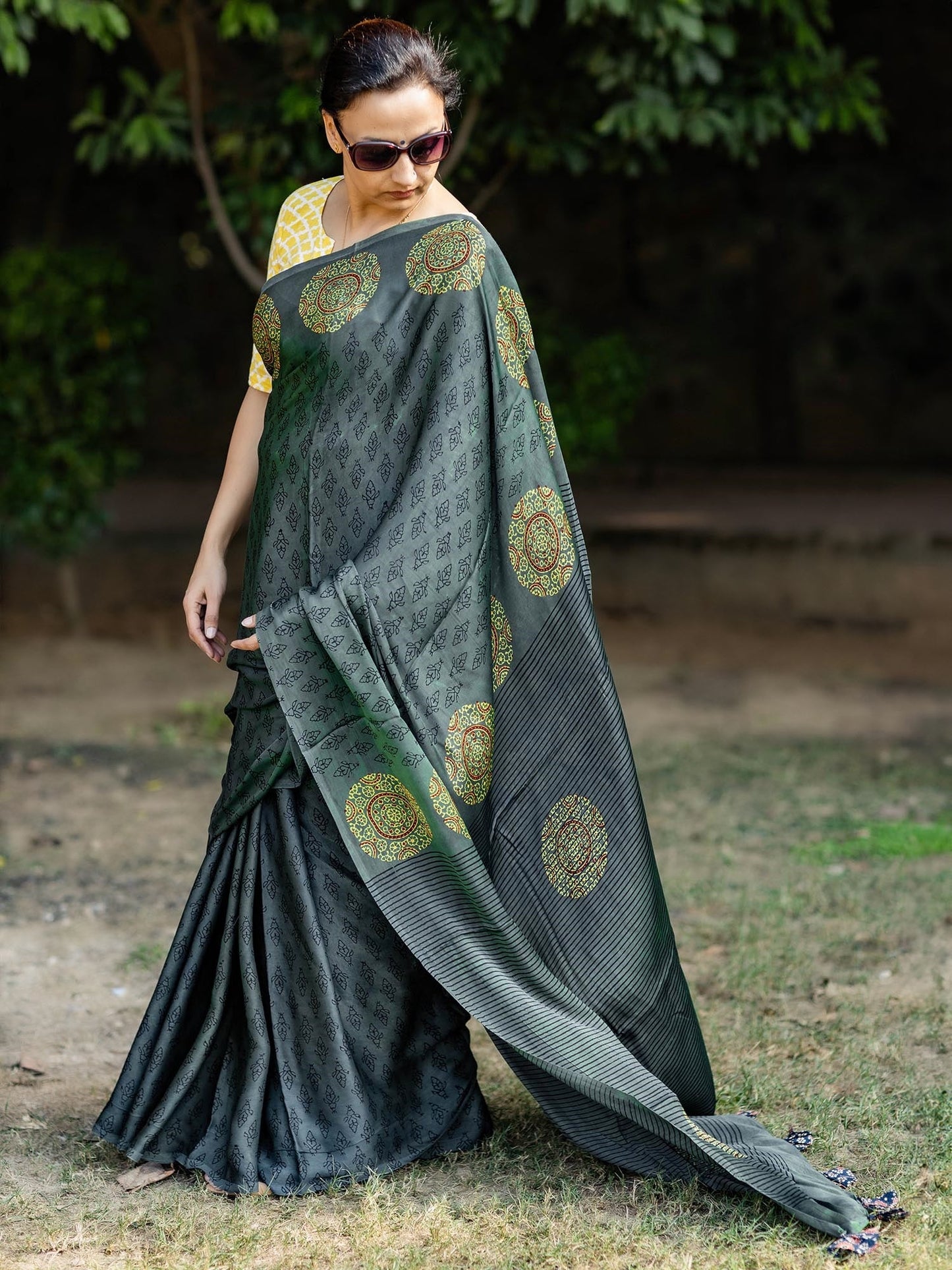 Bottle Green & Black Modal Silk Ajrakh Block Print Saree