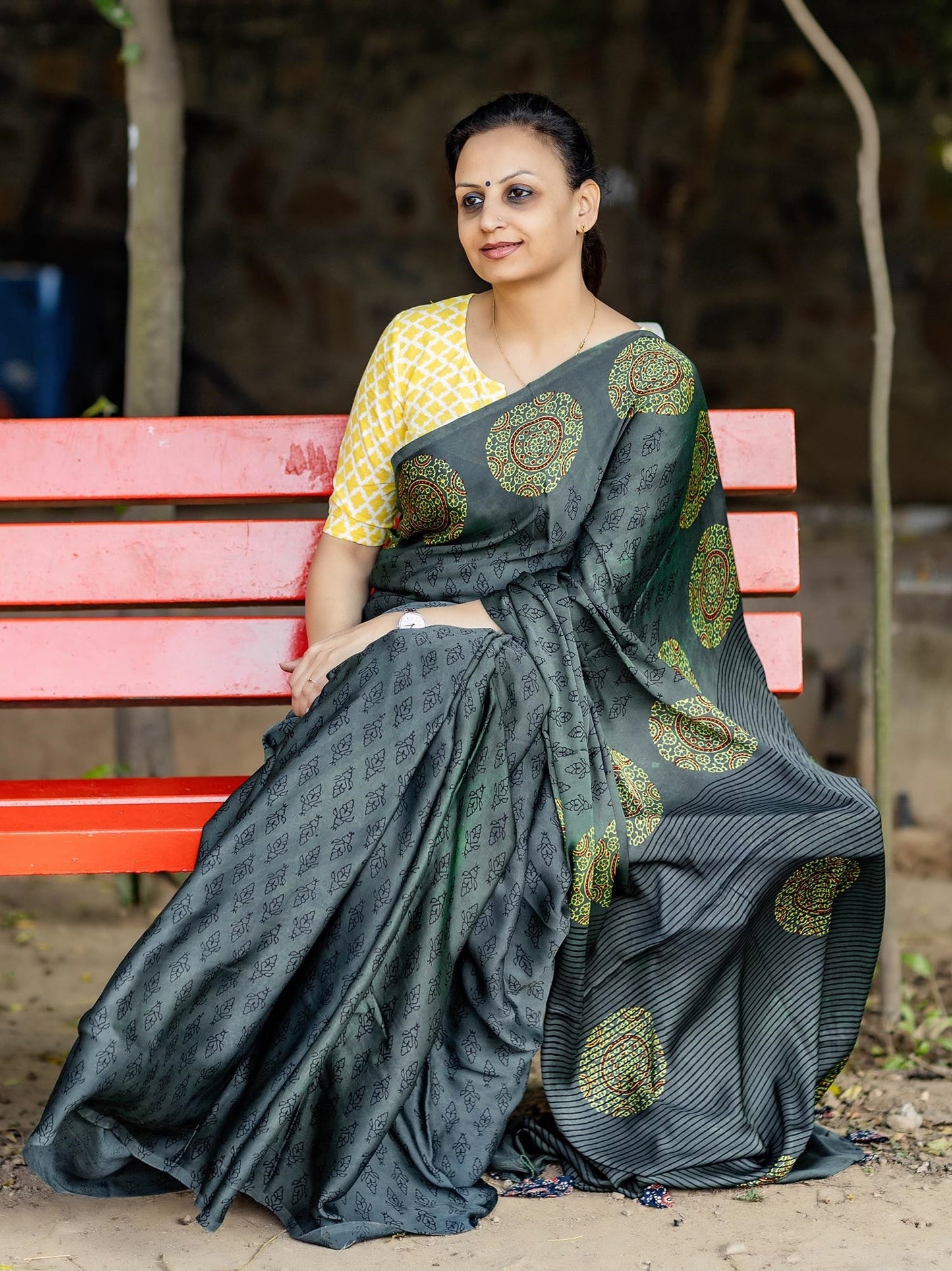 Bottle Green & Black Modal Silk Ajrakh Block Print Saree