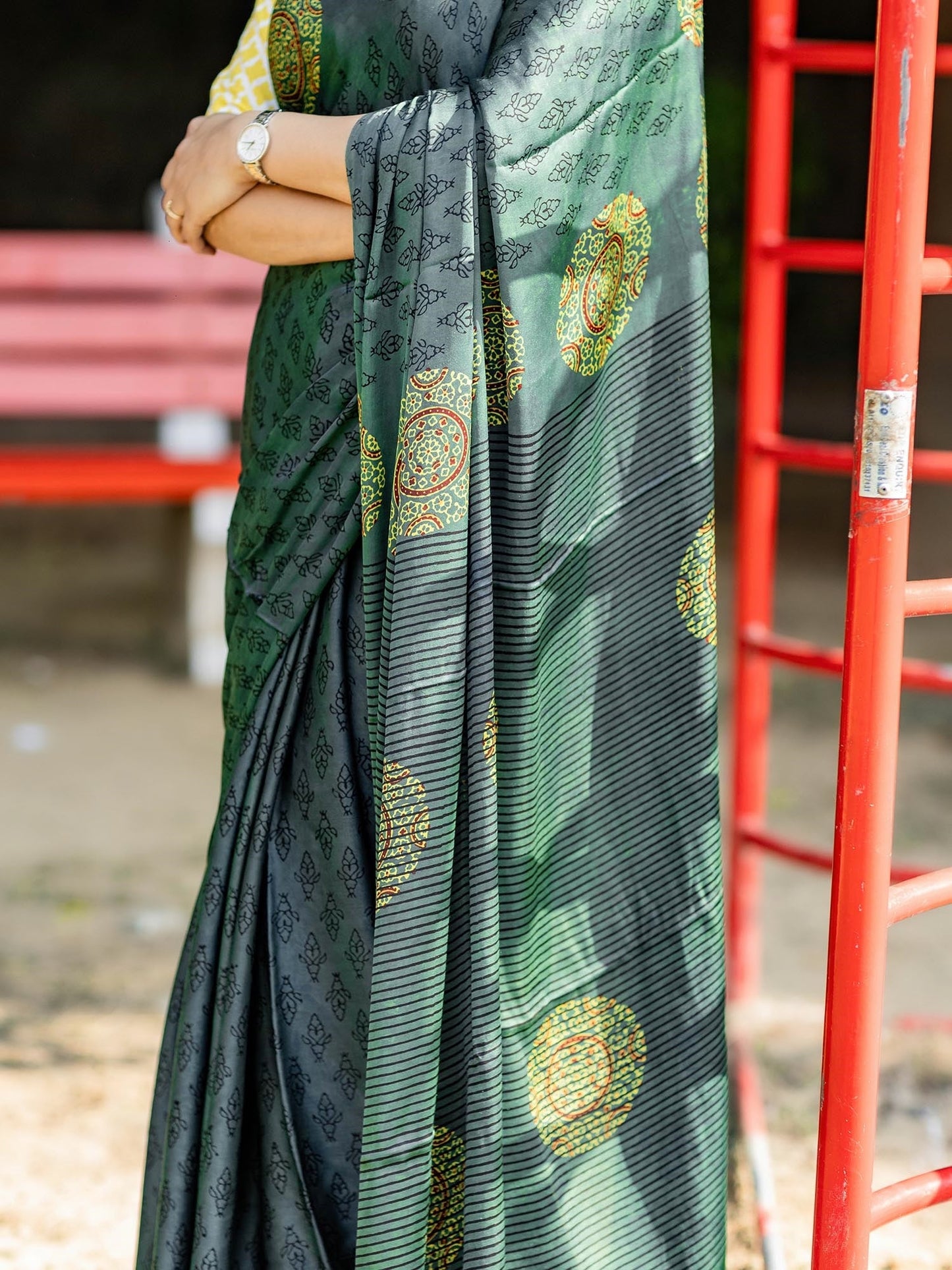 Bottle Green & Black Modal Silk Ajrakh Block Print Saree