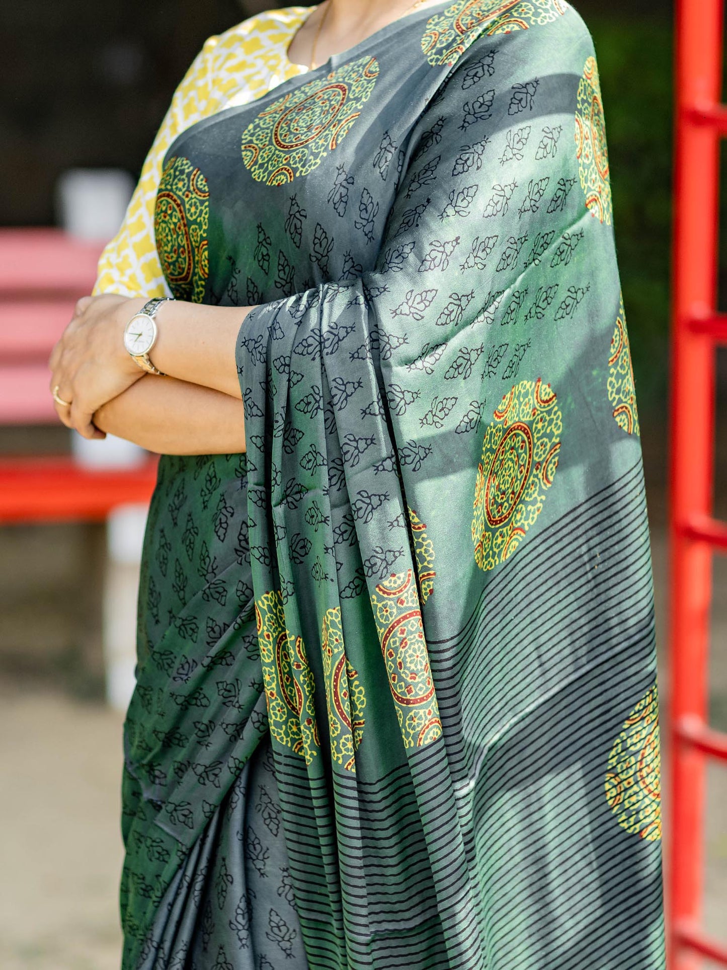 Bottle Green & Black Modal Silk Ajrakh Block Print Saree