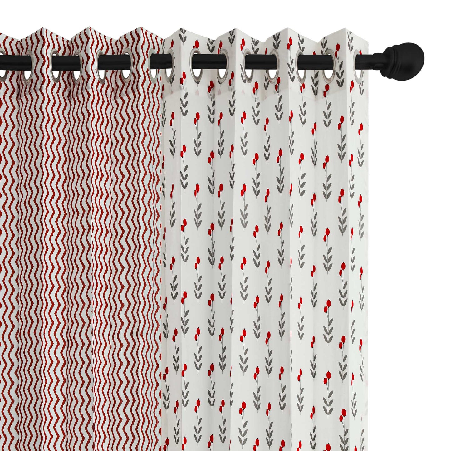 Cherry with Maroon Zigzag Cotton Handblock Combo (Set of 4 Curtains)