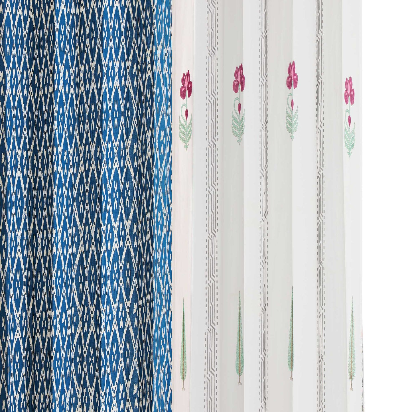 French Garden with Geometric Indigo Cotton Handblock Combo (Set of 4 Curtains)