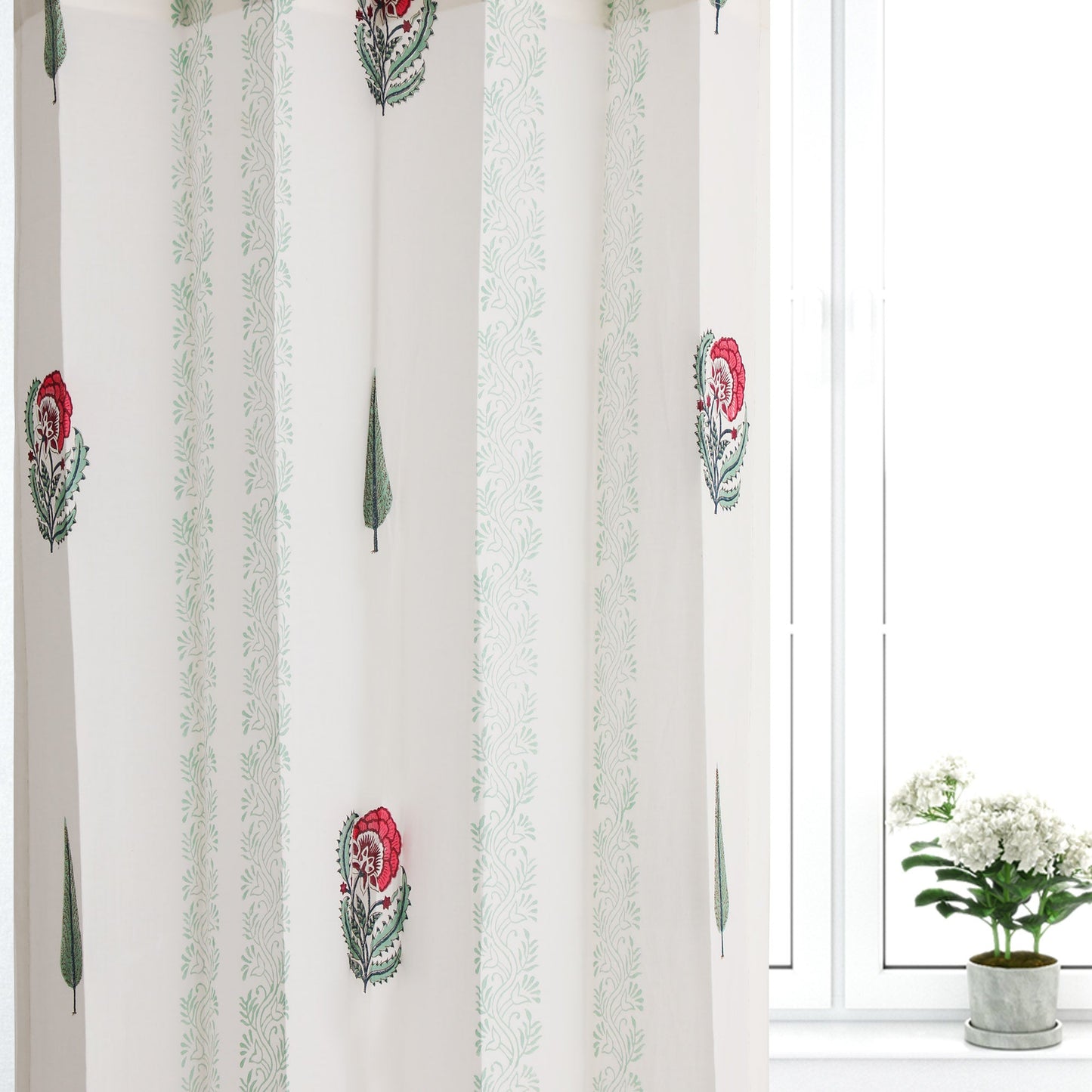 Gulmohar Buta and SeaGreen Cyprus with SeaGreen Border Cotton Handblock Curtain (Pair of 2 Curtains)