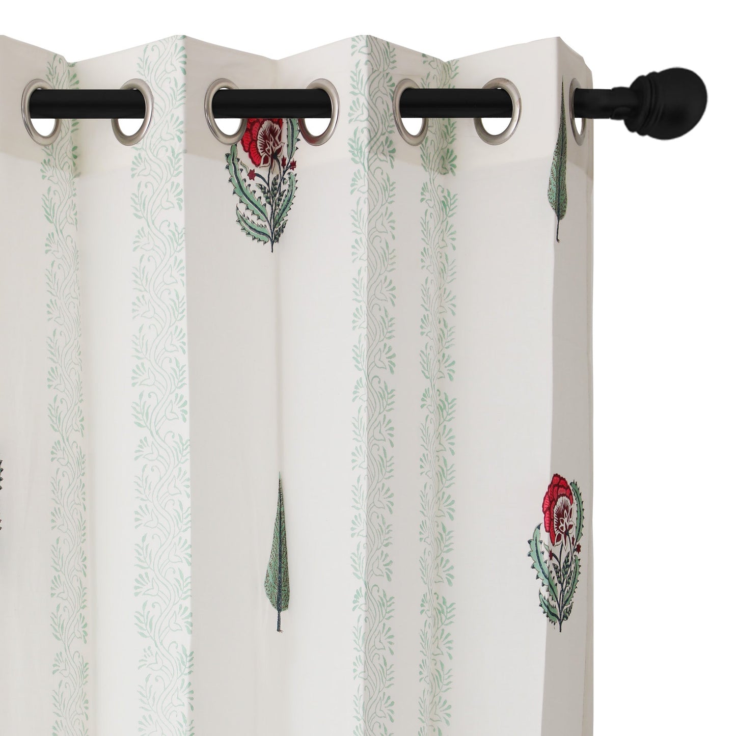 Gulmohar Buta and SeaGreen Cyprus with SeaGreen Border Cotton Handblock Curtain (Pair of 2 Curtains)