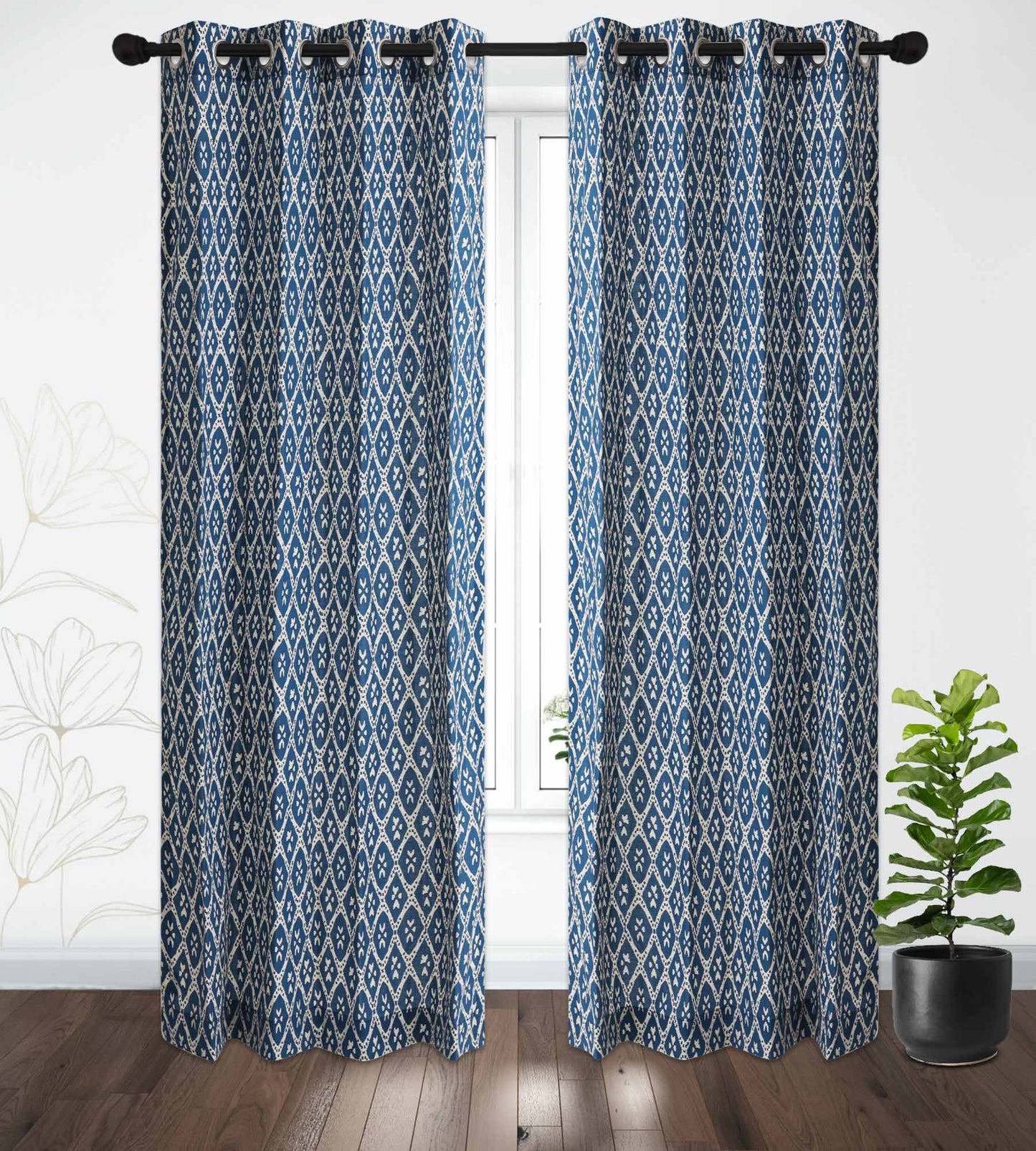 Indigo Geometric Print Cotton Handblock Curtain (Pair of 2 Curtains)