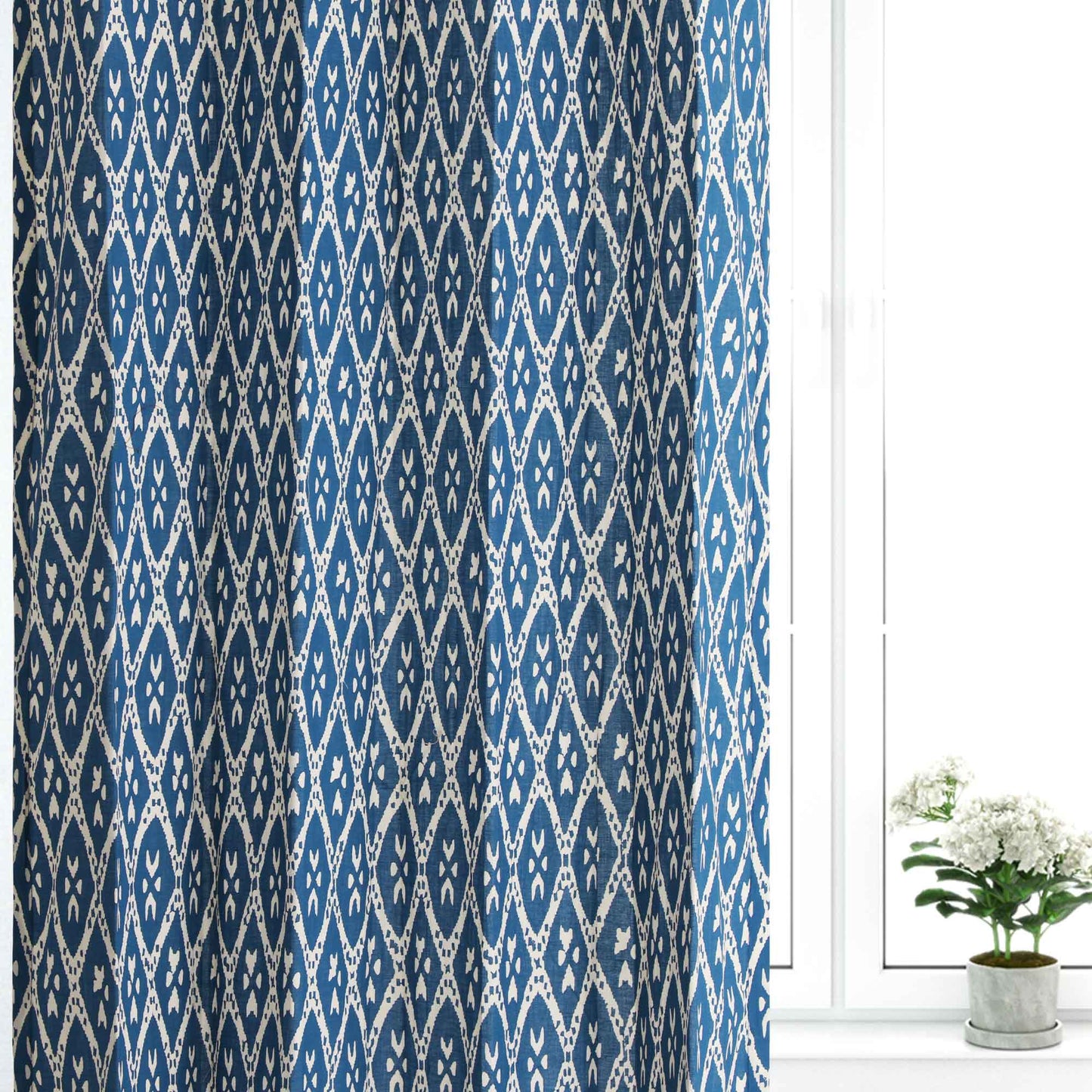 Indigo Geometric Print Cotton Handblock Curtain (Pair of 2 Curtains)
