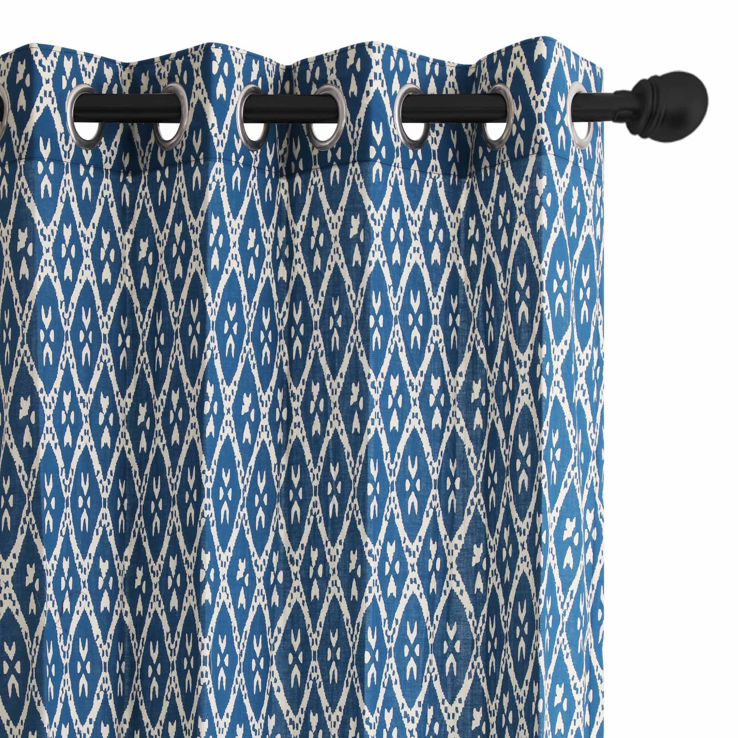 Indigo Geometric Print Cotton Handblock Curtain (Pair of 2 Curtains)