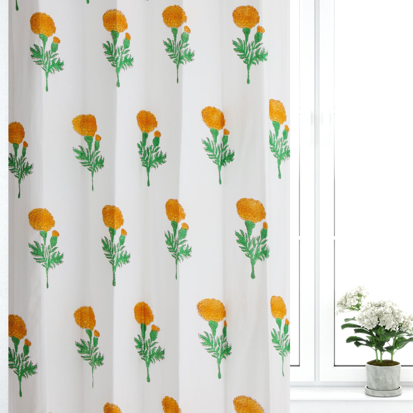Marigold Cotton Handblock Curtain (Pair of 2 Curtains)