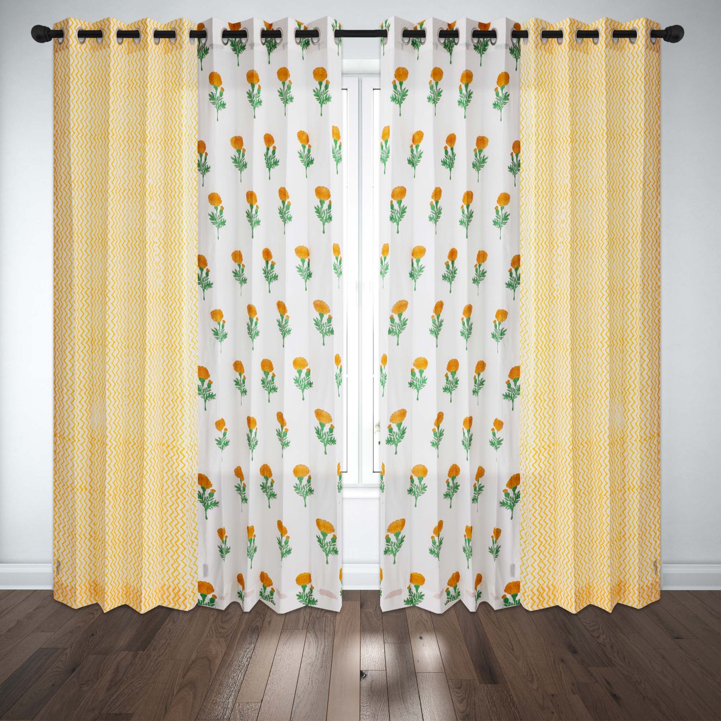 Marigold with Yellow Zigzag Cotton Handblock Combo (Set of 4 Curtains)